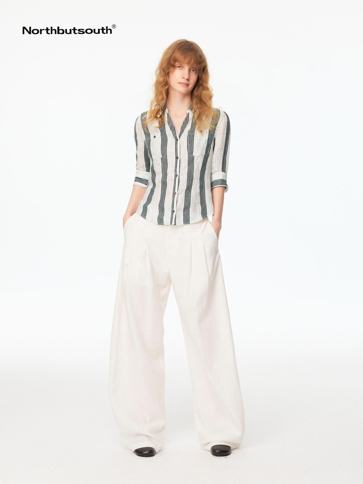 Northbutsouth Striped Cinched Waist V-neck Rolled Mid Sleeve Women&