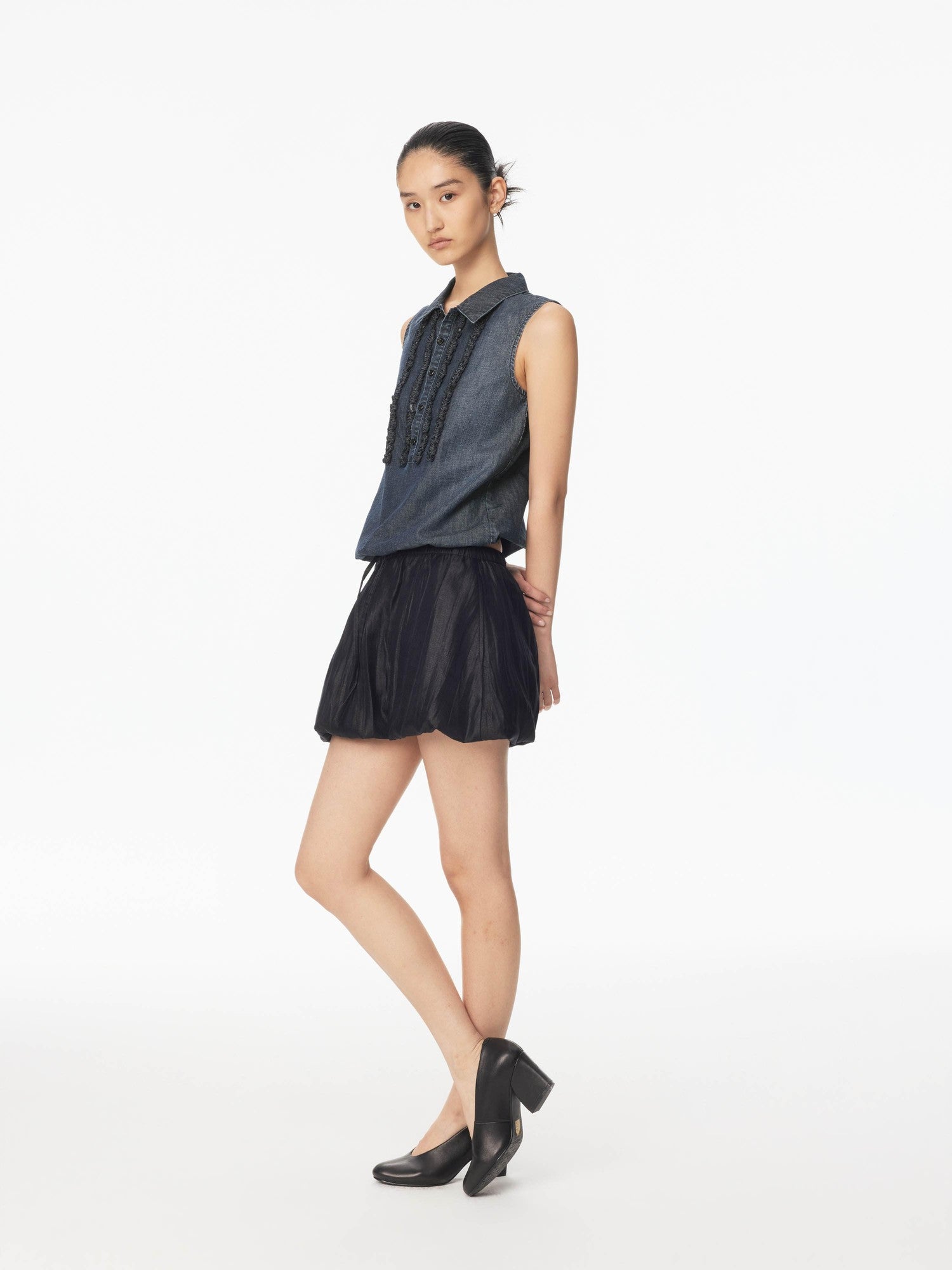 Northbutsouth Textured Puffed Pressed Pleat Drawstring Elastic Waist Women&
