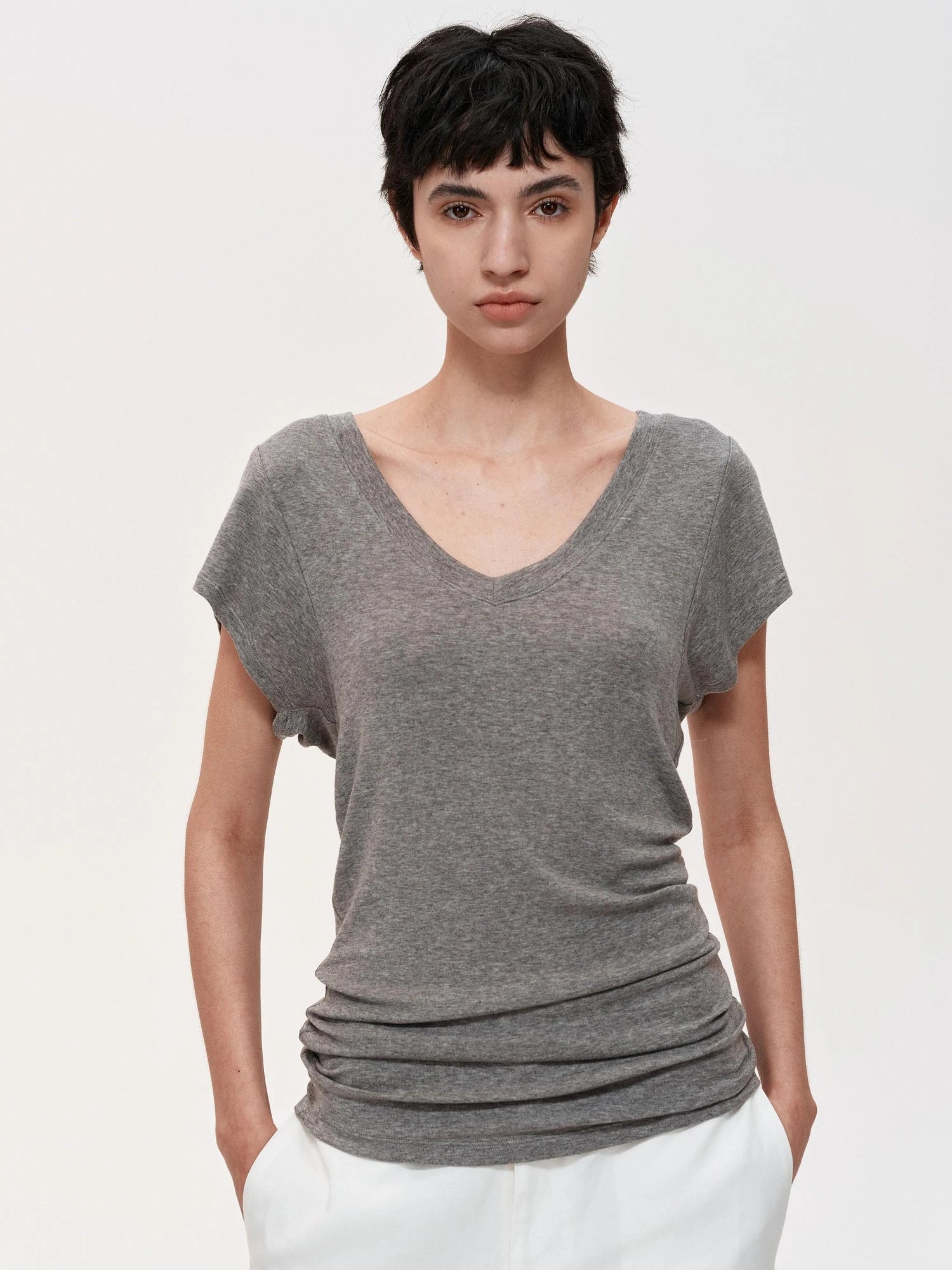 Three Tone Classic V-neck Stacked T-shirt Dress