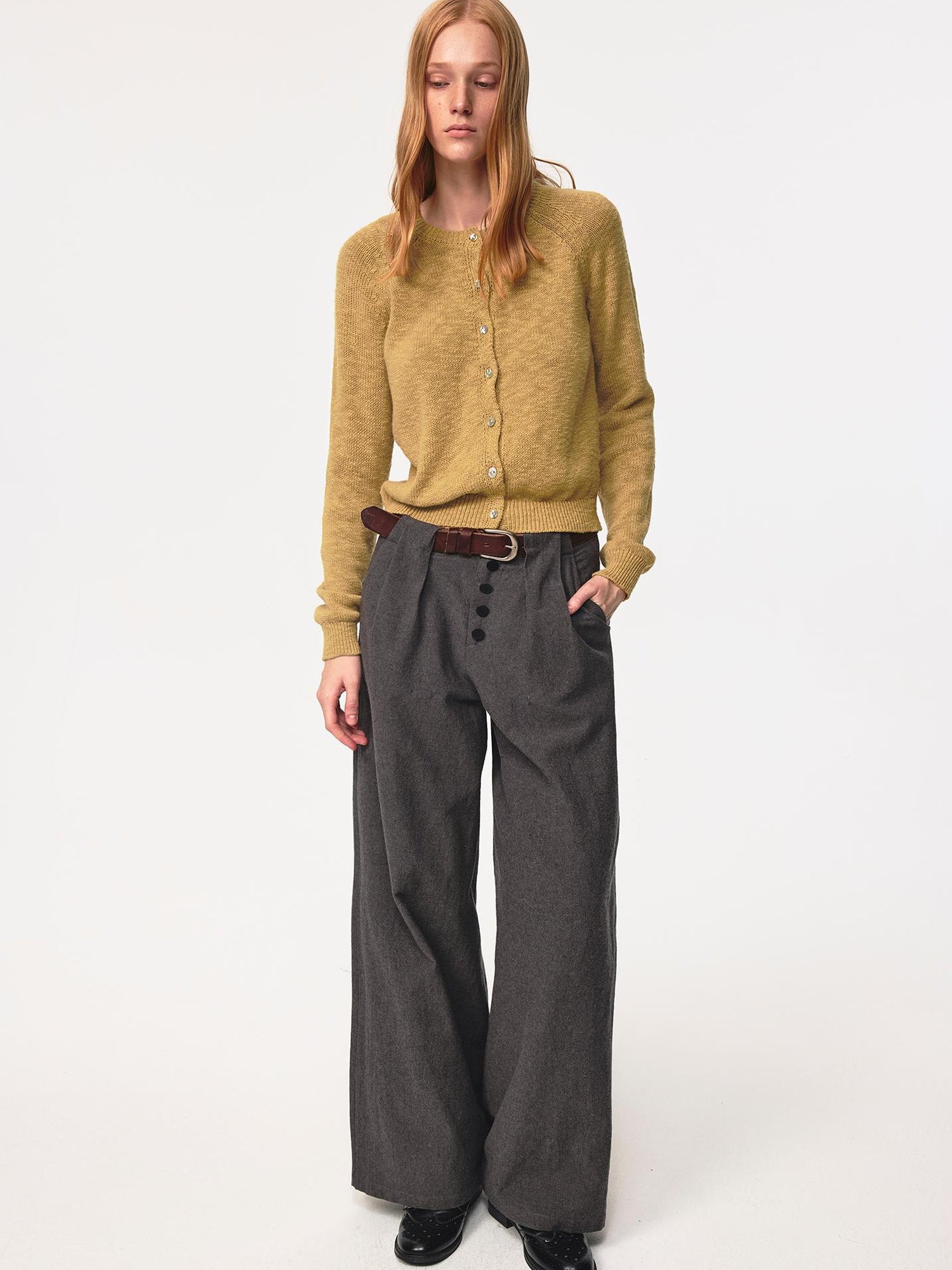 Northbutsouth Tunnel Pleat Cotton Linen Textured Multi Button Relaxed Trousers