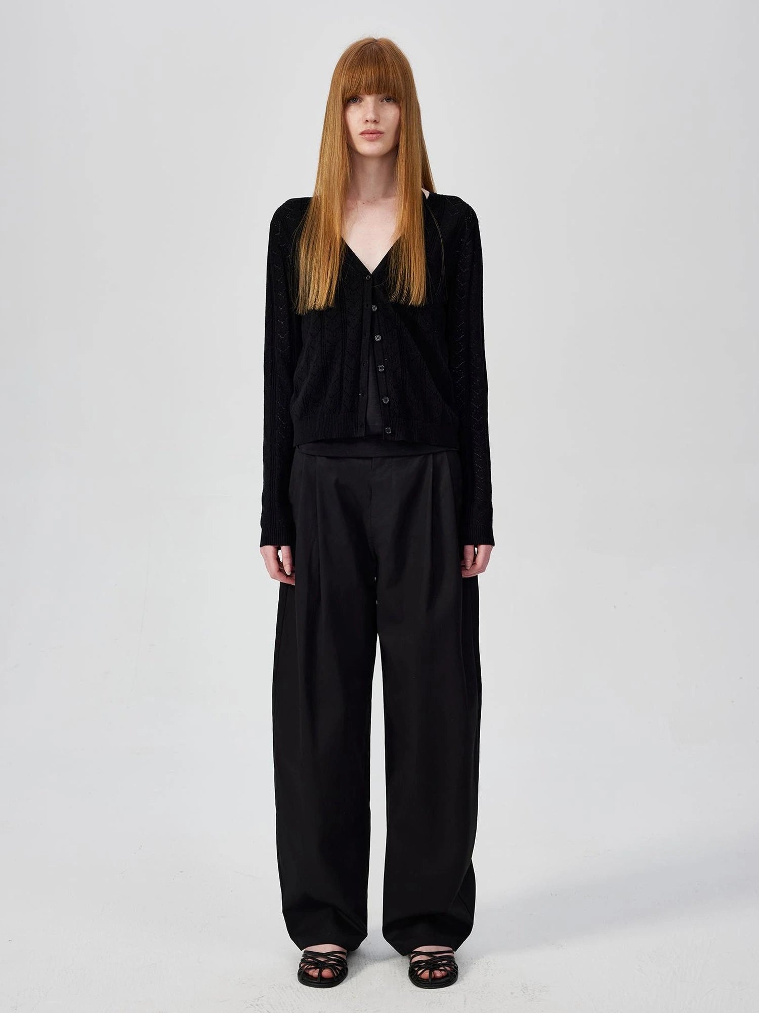 V-Neck Crochet Mesh Slim Fit Cotton Blend Cardigan