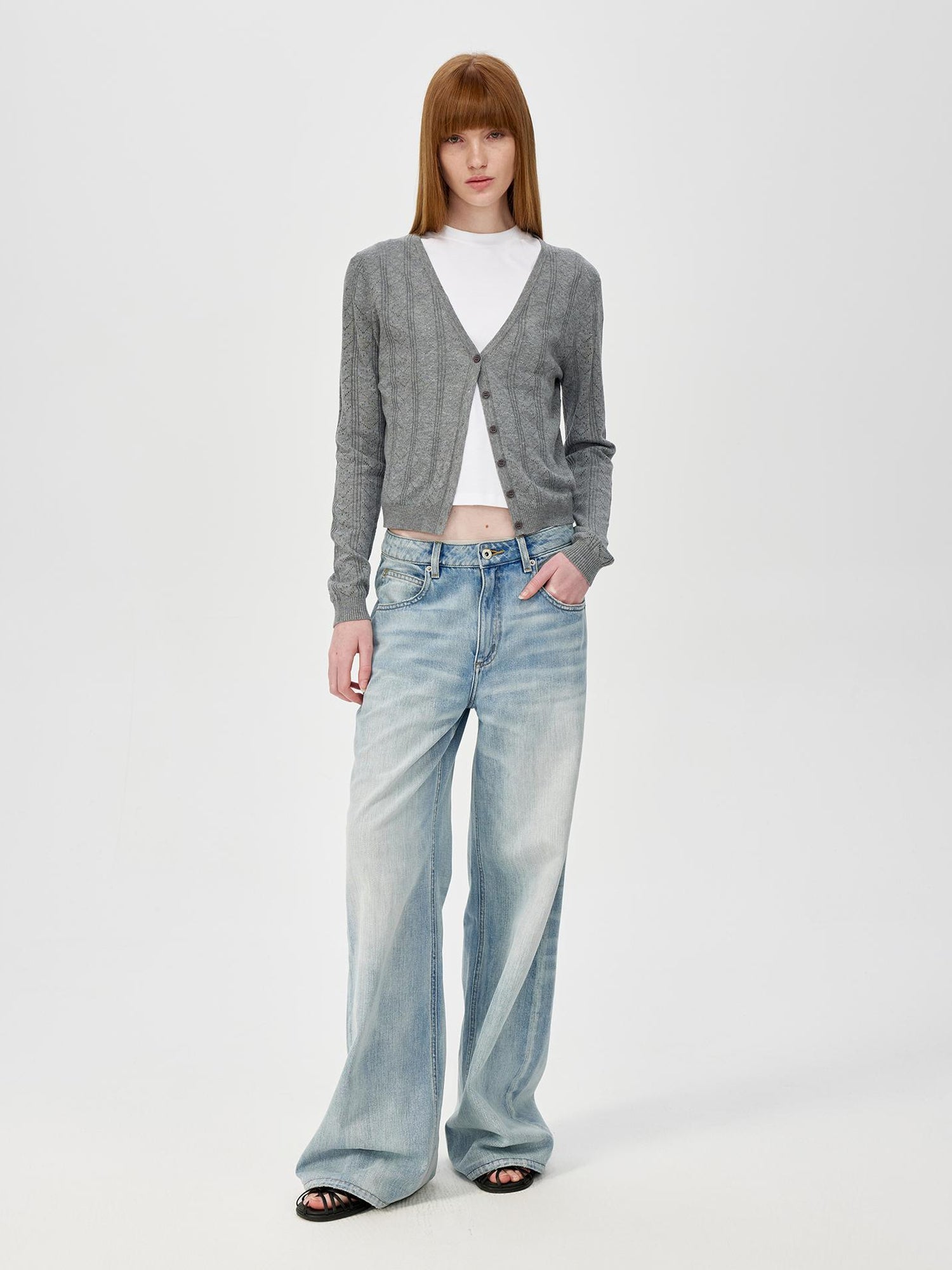 Northbutsouth V-Neck Crochet Mesh Slim Fit Cotton Blend Cardigan