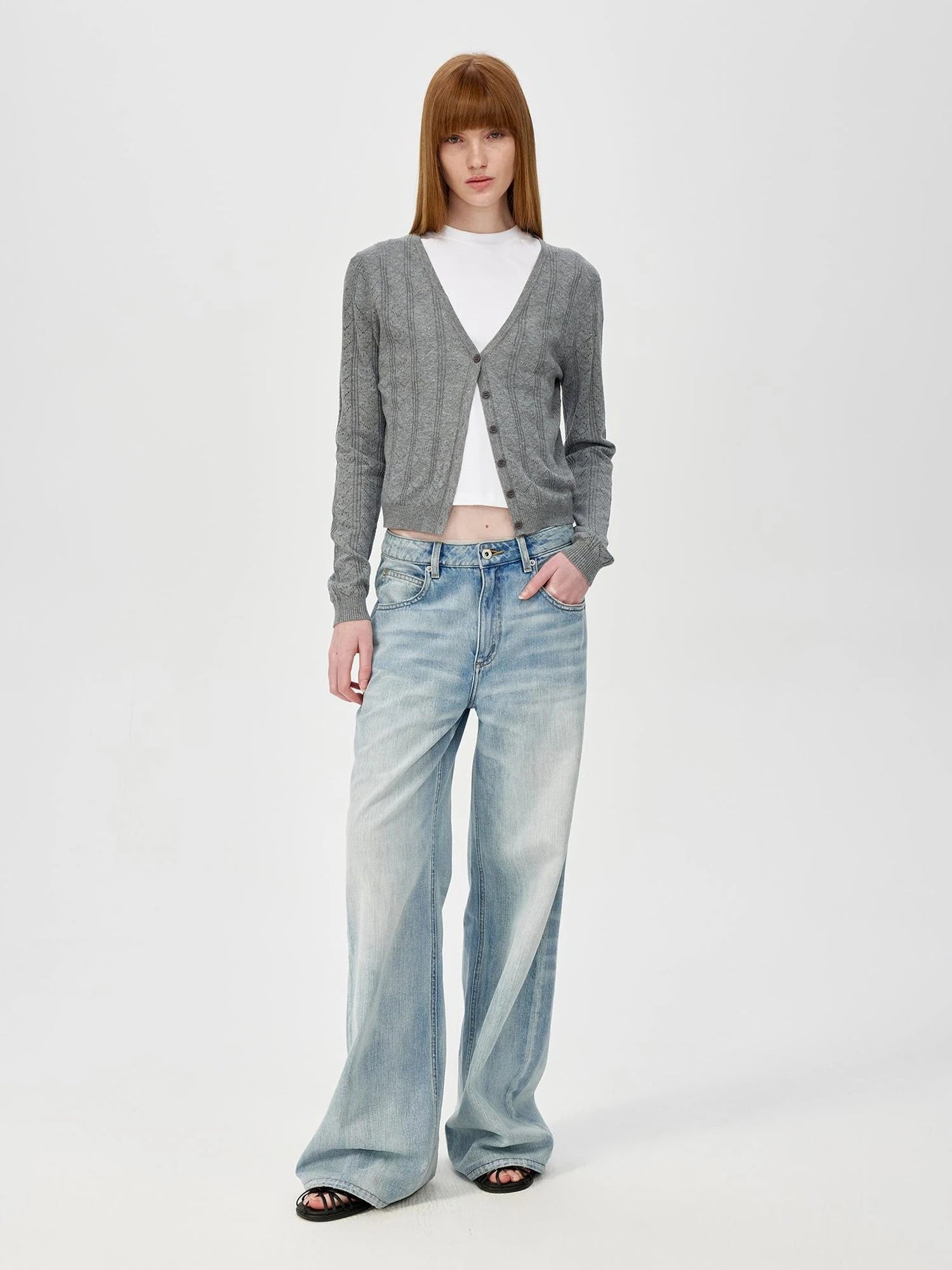 V-Neck Crochet Mesh Slim Fit Cotton Blend Cardigan