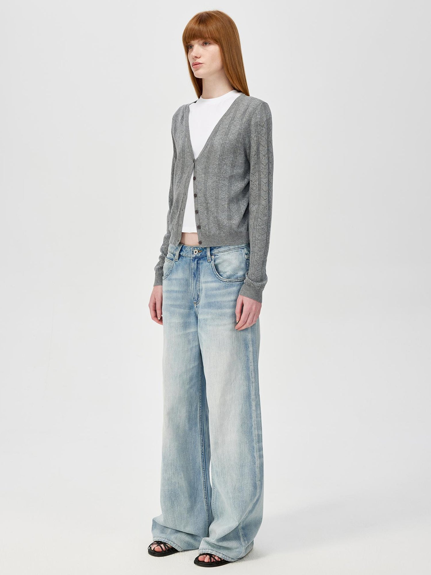 Northbutsouth V-Neck Crochet Mesh Slim Fit Cotton Blend Cardigan