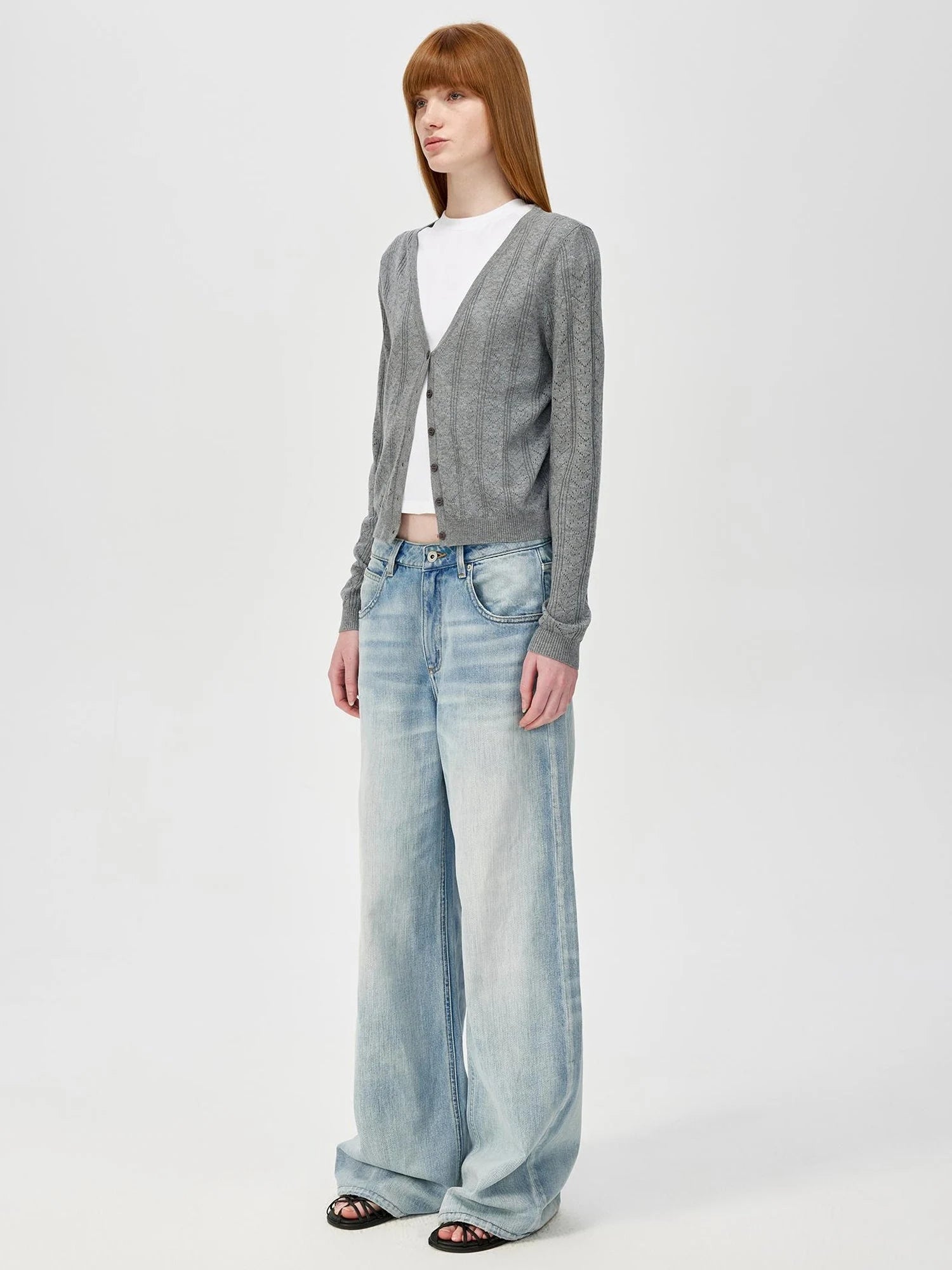 V-Neck Crochet Mesh Slim Fit Cotton Blend Cardigan