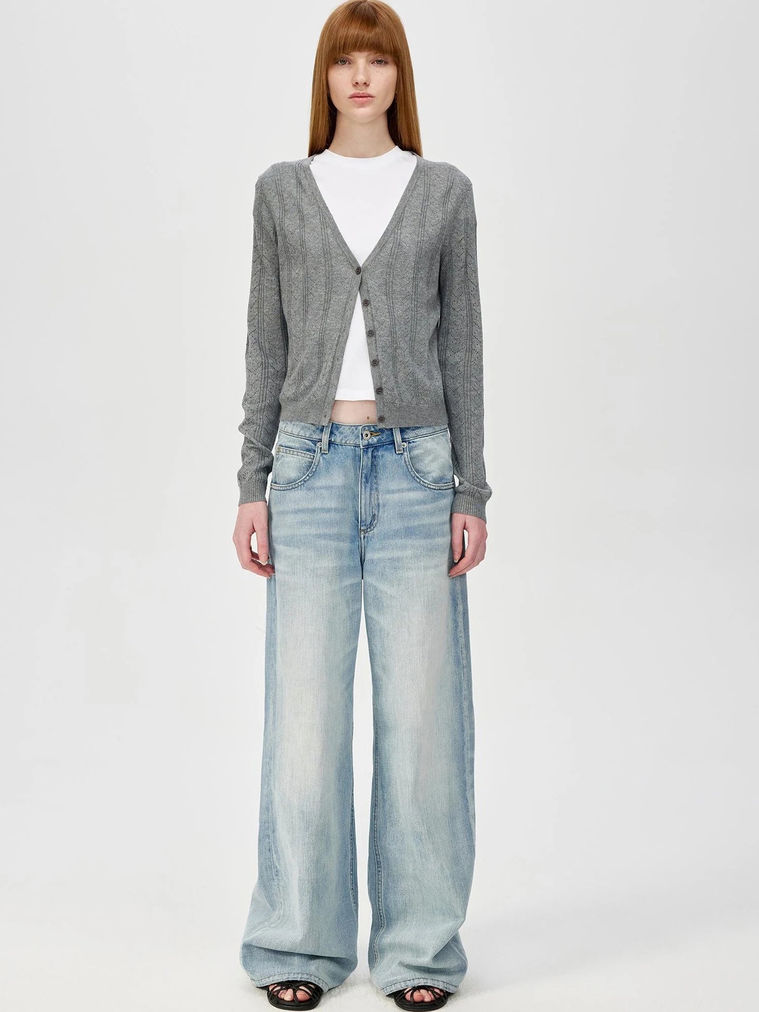 V-Neck Crochet Mesh Slim Fit Cotton Blend Cardigan