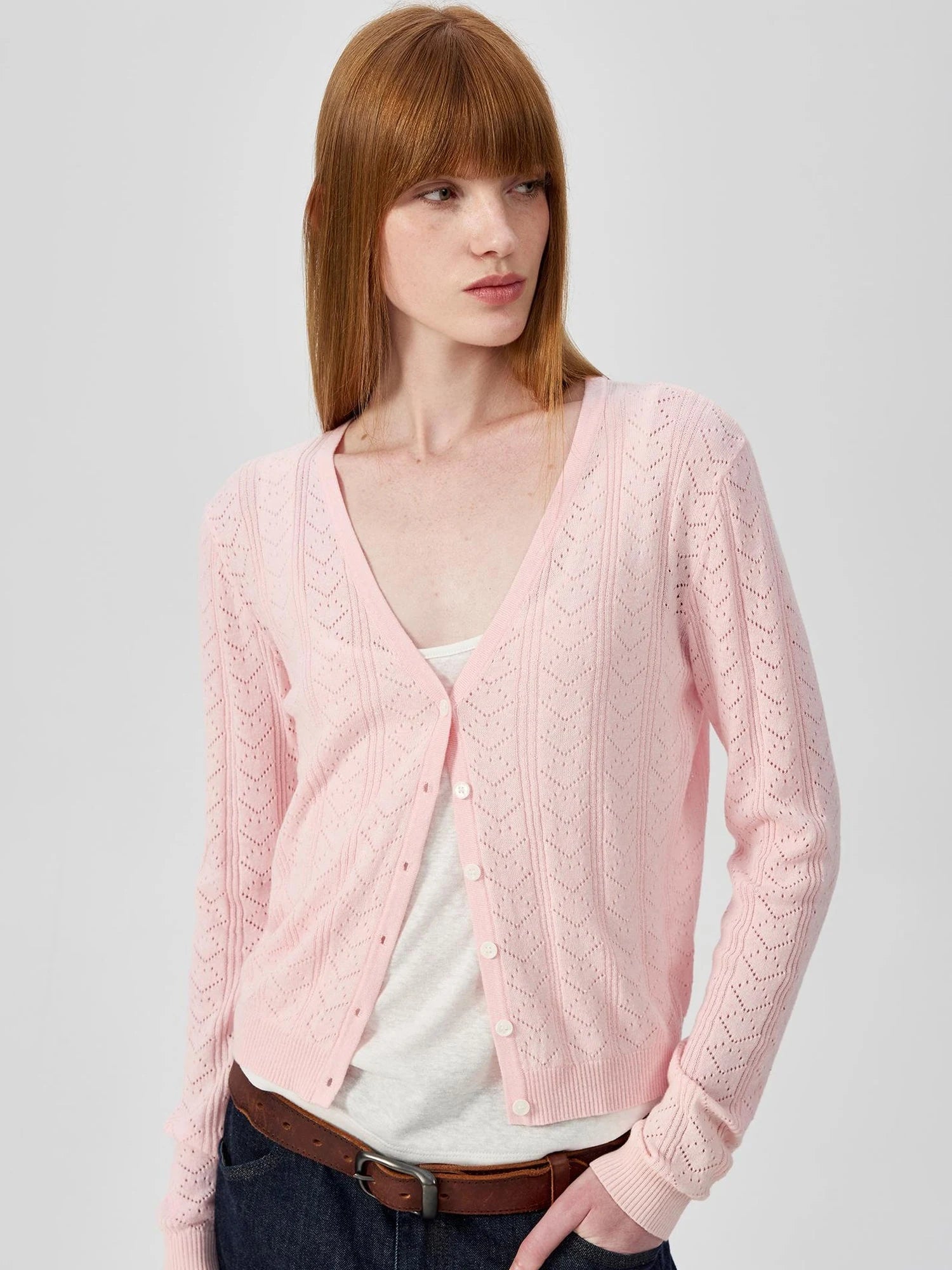 V-Neck Crochet Mesh Slim Fit Cotton Blend Cardigan