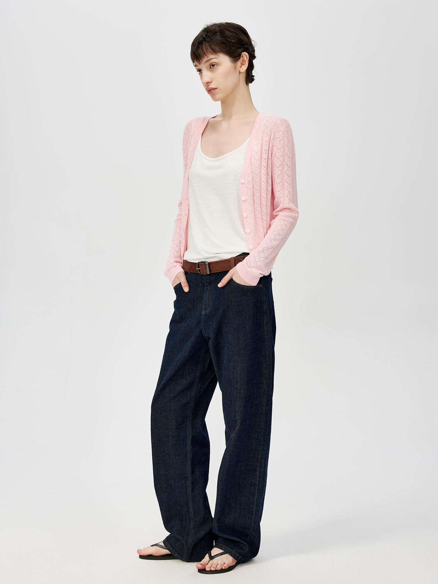 Northbutsouth V-Neck Crochet Mesh Slim Fit Cotton Blend Cardigan