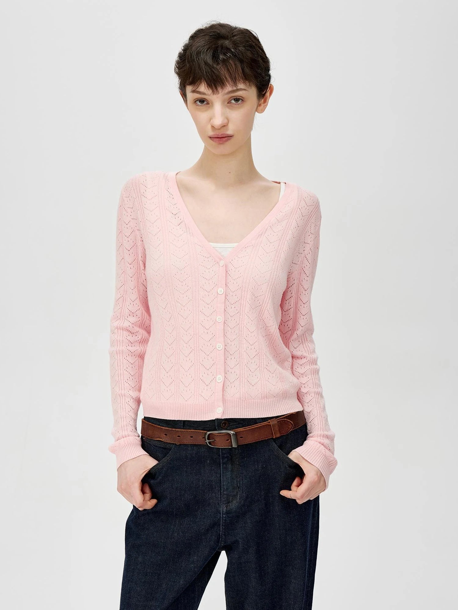 V-Neck Crochet Mesh Slim Fit Cotton Blend Cardigan
