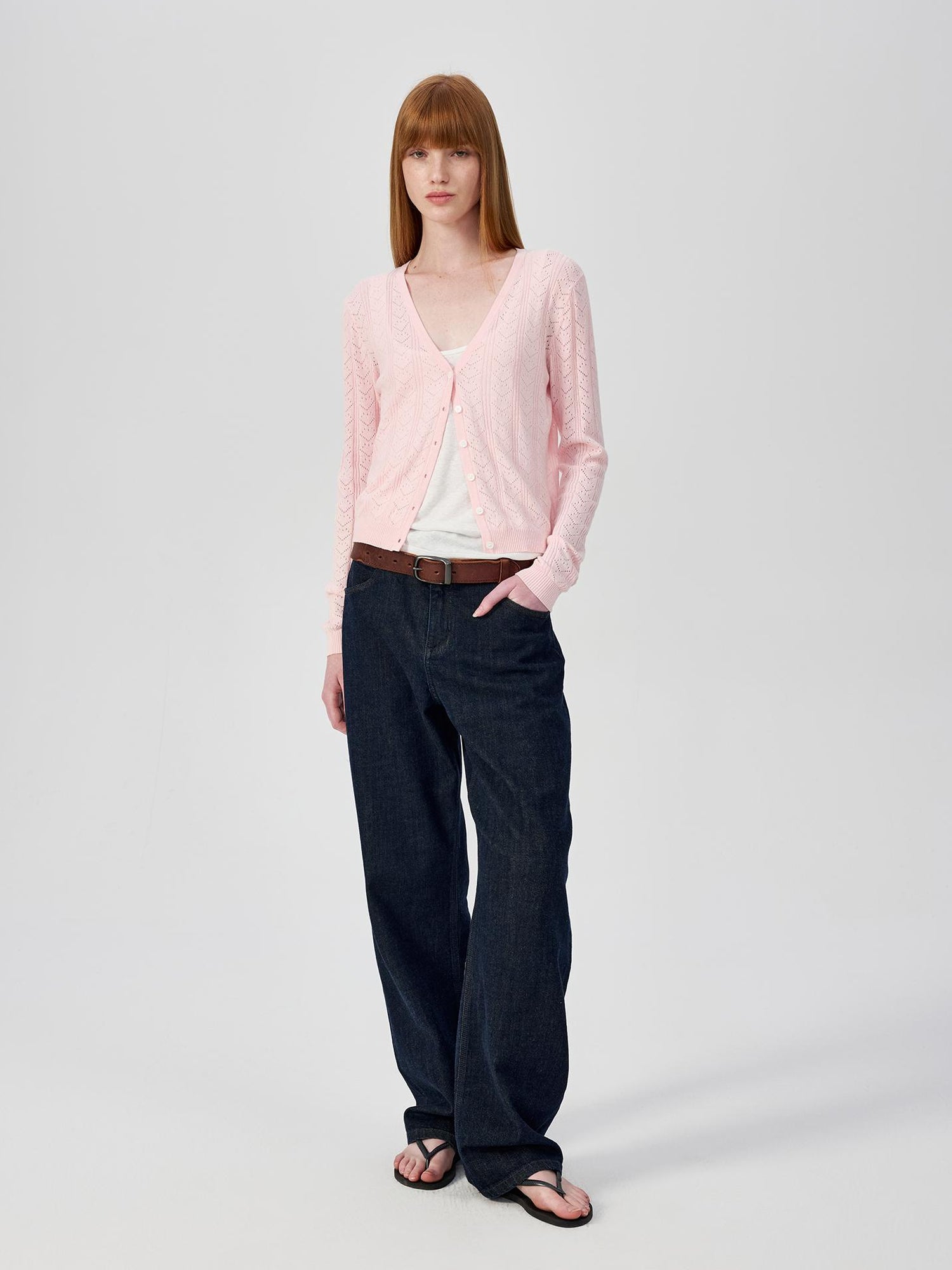 Northbutsouth V-Neck Crochet Mesh Slim Fit Cotton Blend Cardigan