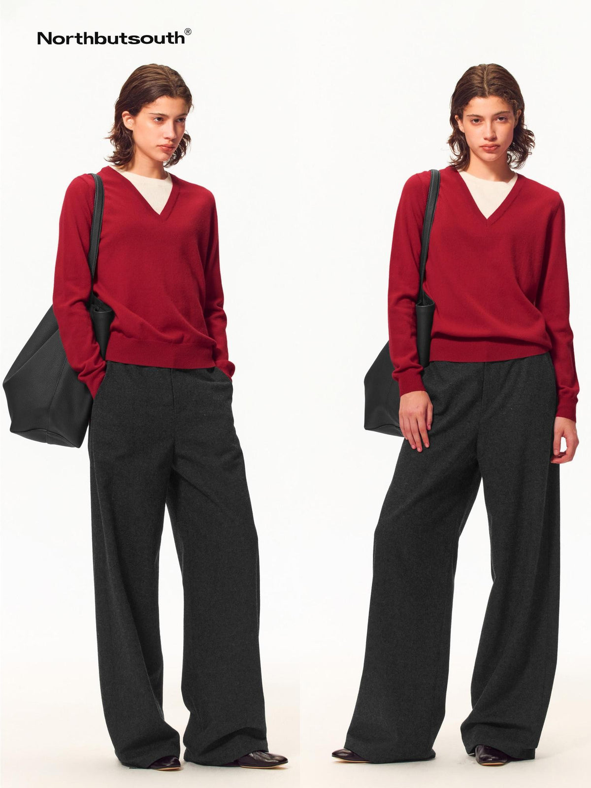 Northbutsouth V-neck Layered Look Loose Fit Merino Wool Women&
