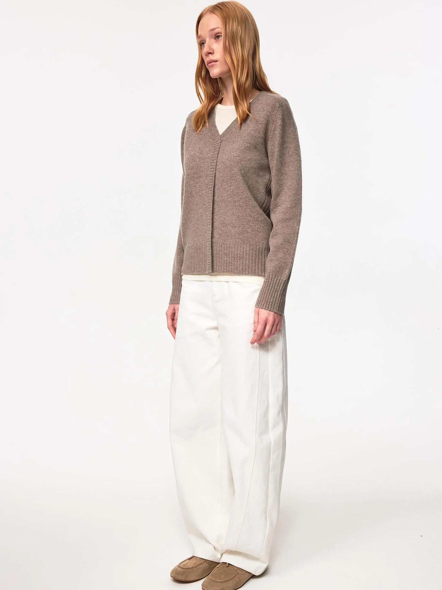 V Neck Straight Cut Merino Wool Sweater With Placket