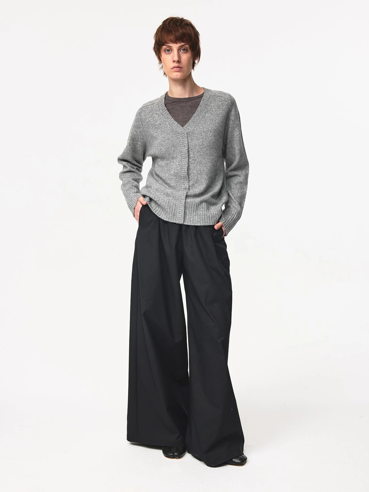 V Neck Straight Cut Merino Wool Sweater With Placket