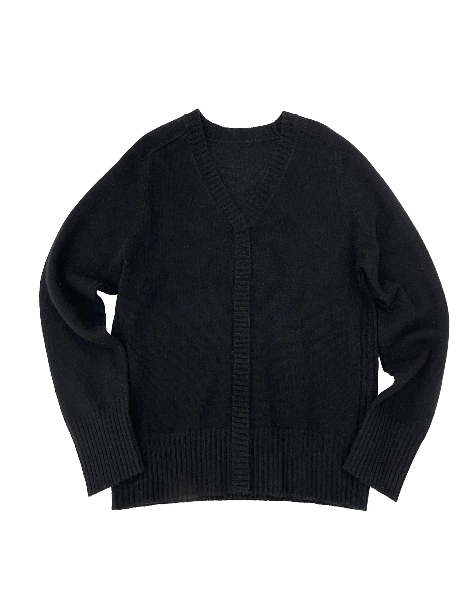 V Neck Straight Cut Merino Wool Sweater With Placket