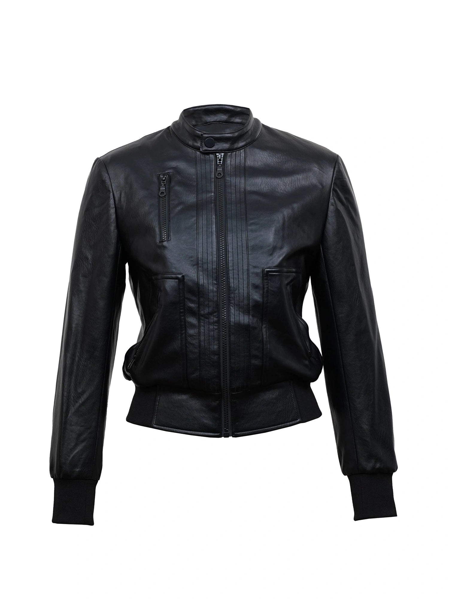Vintage Black Cropped PU Leather Jacket With Waist Detail