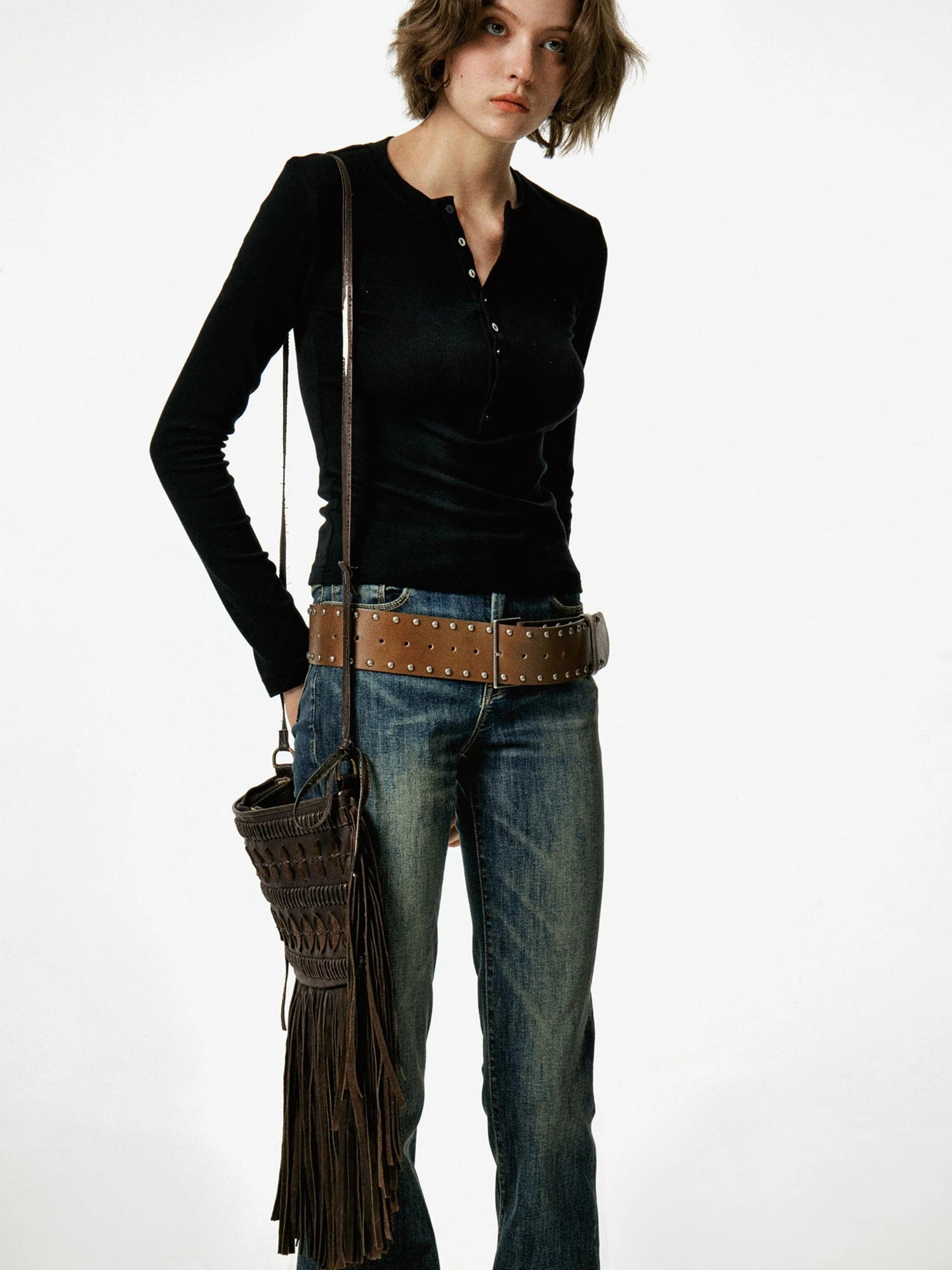 Vintage Studded Leather Belt In Black And Brown