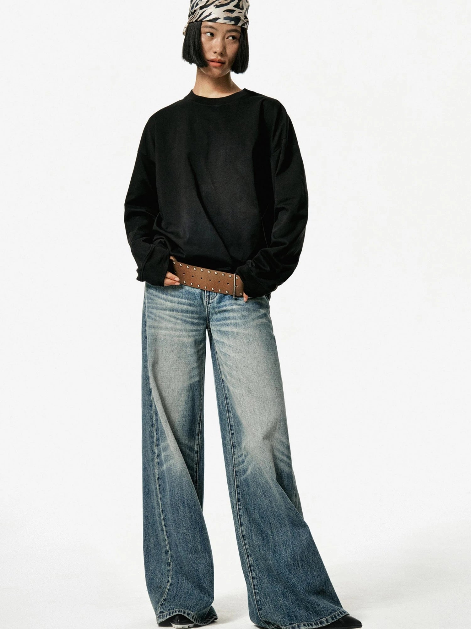 Vintage Studded Leather Belt In Black And Brown