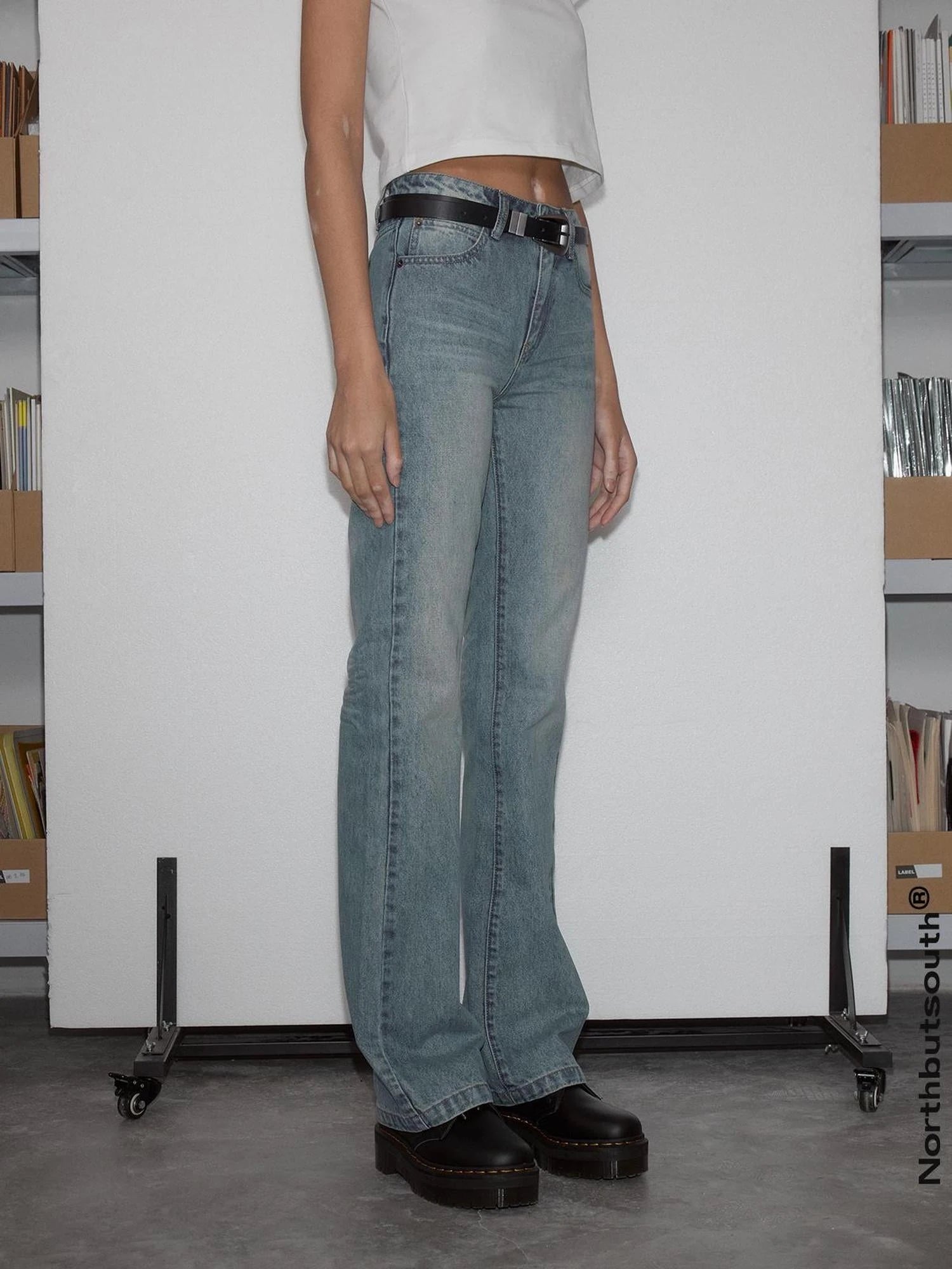 Vintage Washed Blue Slim Fit Straight Leg Jeans