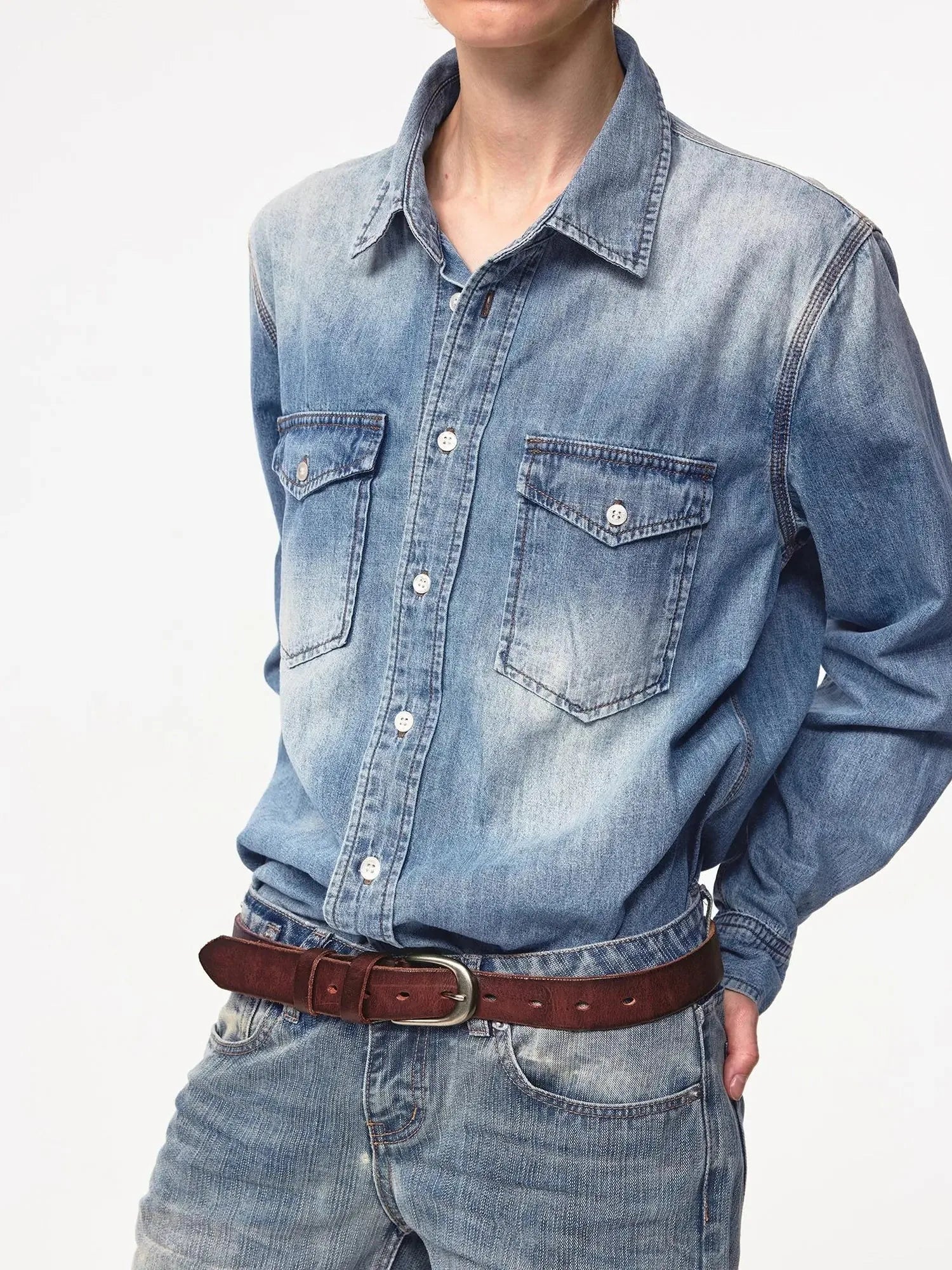 Vintage Washed Full Grain Leather Belt With Zinc Alloy Buckle