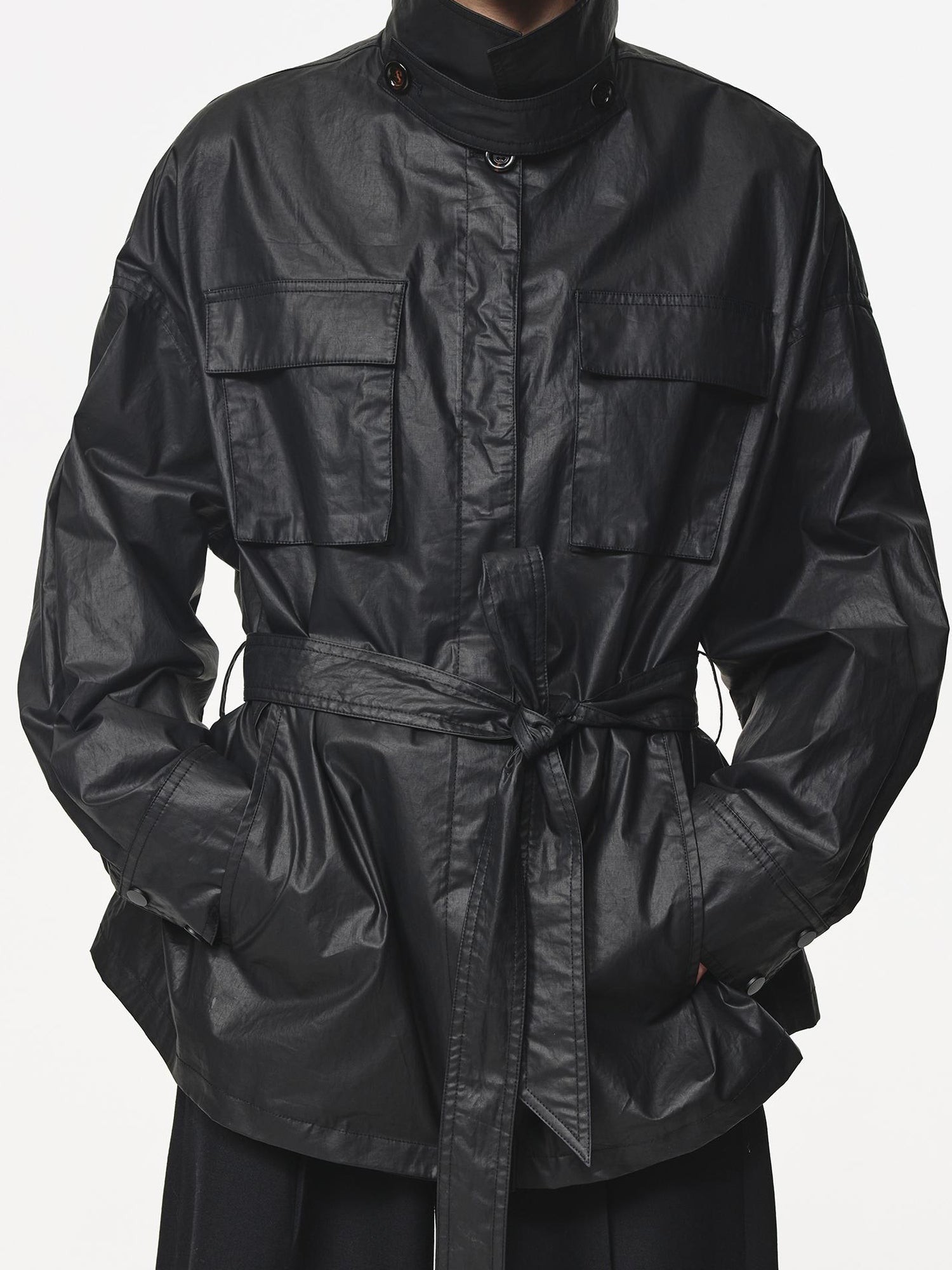 Northbutsouth Vintage Waxed Cotton Multi Pocket Stand Collar Trench Coat