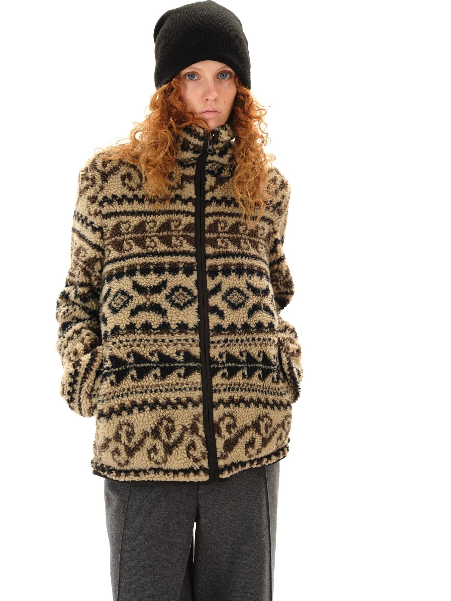 Vintage Western Curly Fleece Jacket V-neck T-shirt Long Sleeve