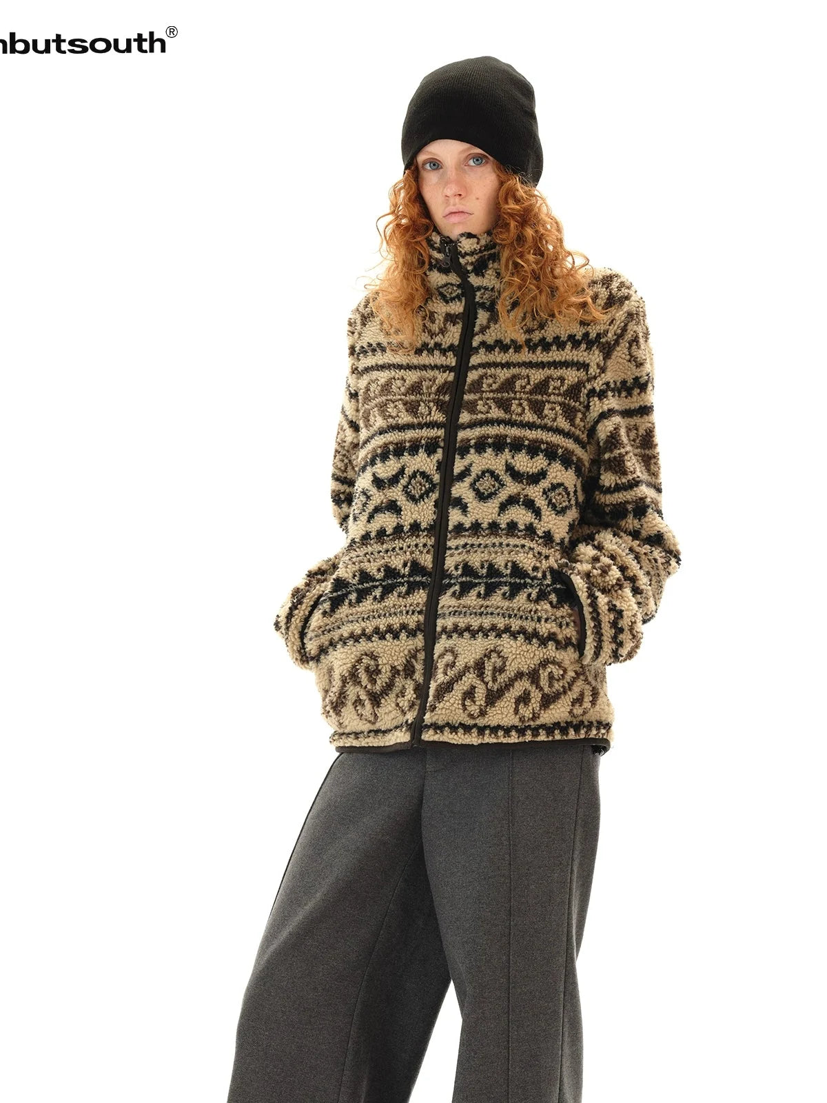 Vintage Western Curly Fleece Jacket V-neck T-shirt Long Sleeve