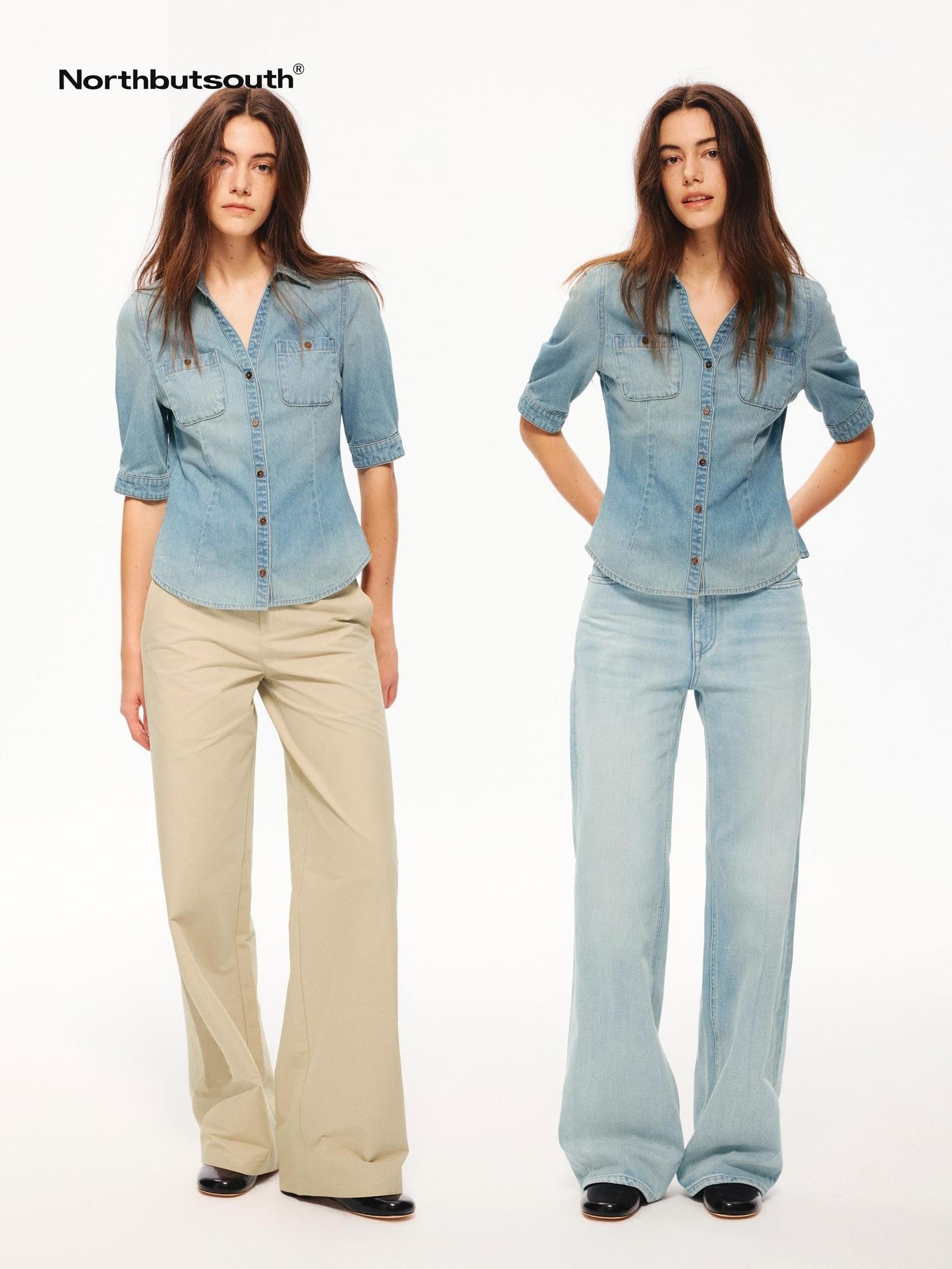 Northbutsouth Washed Denim Blue Vintage V-neck Cinched Waist Women&