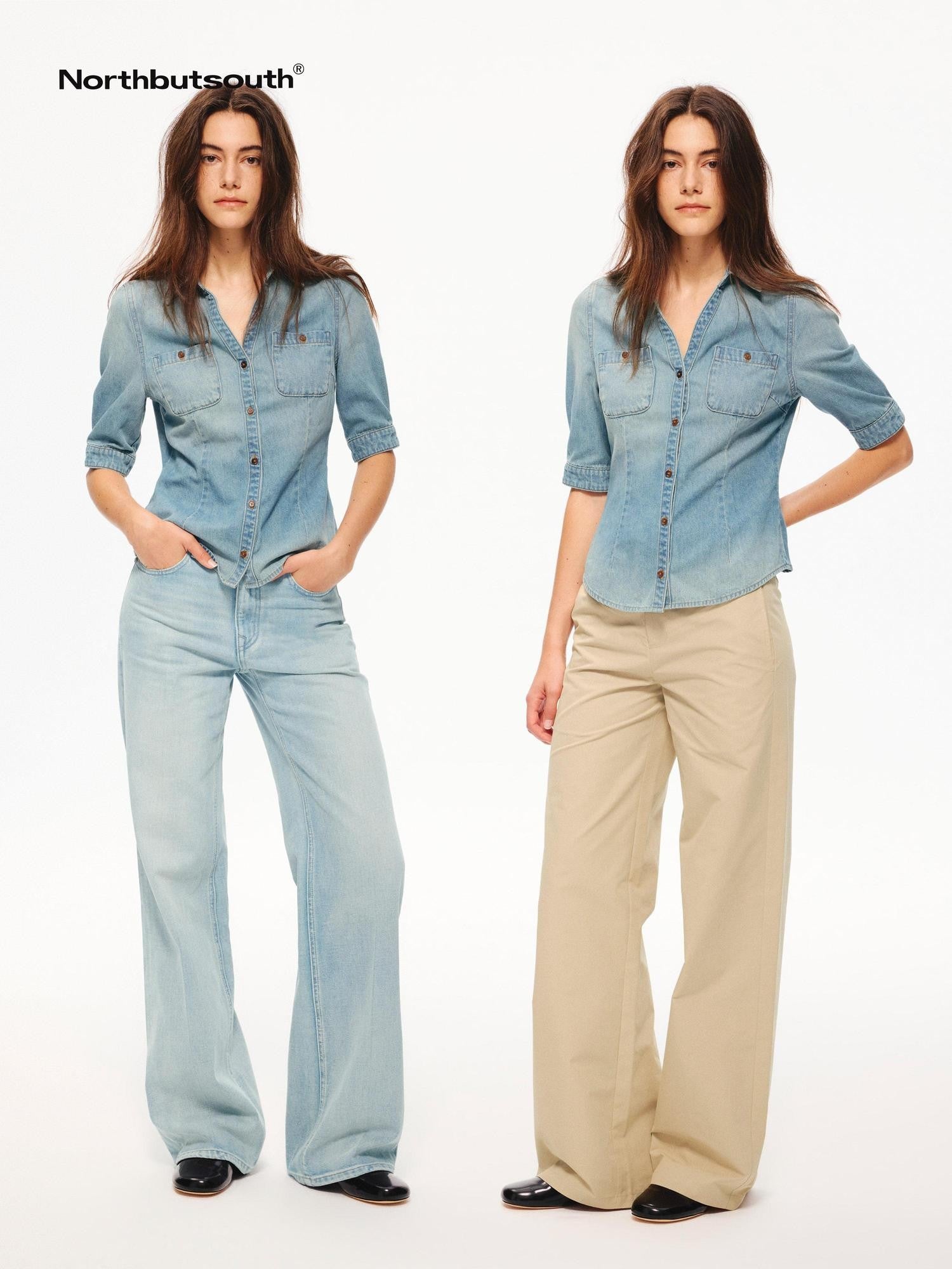 Northbutsouth Washed Denim Blue Vintage V-neck Cinched Waist Women&