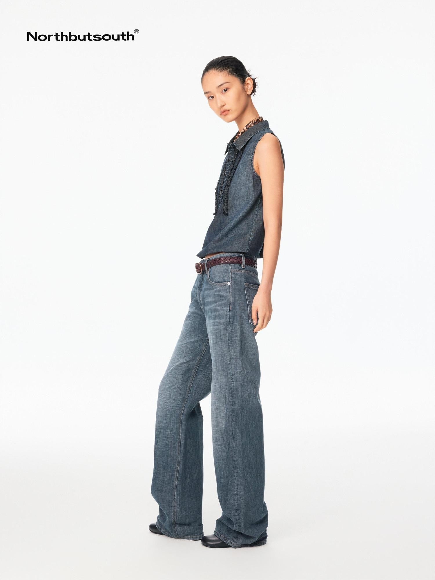 Northbutsouth Washed Denim Lace Collared Loose Women&