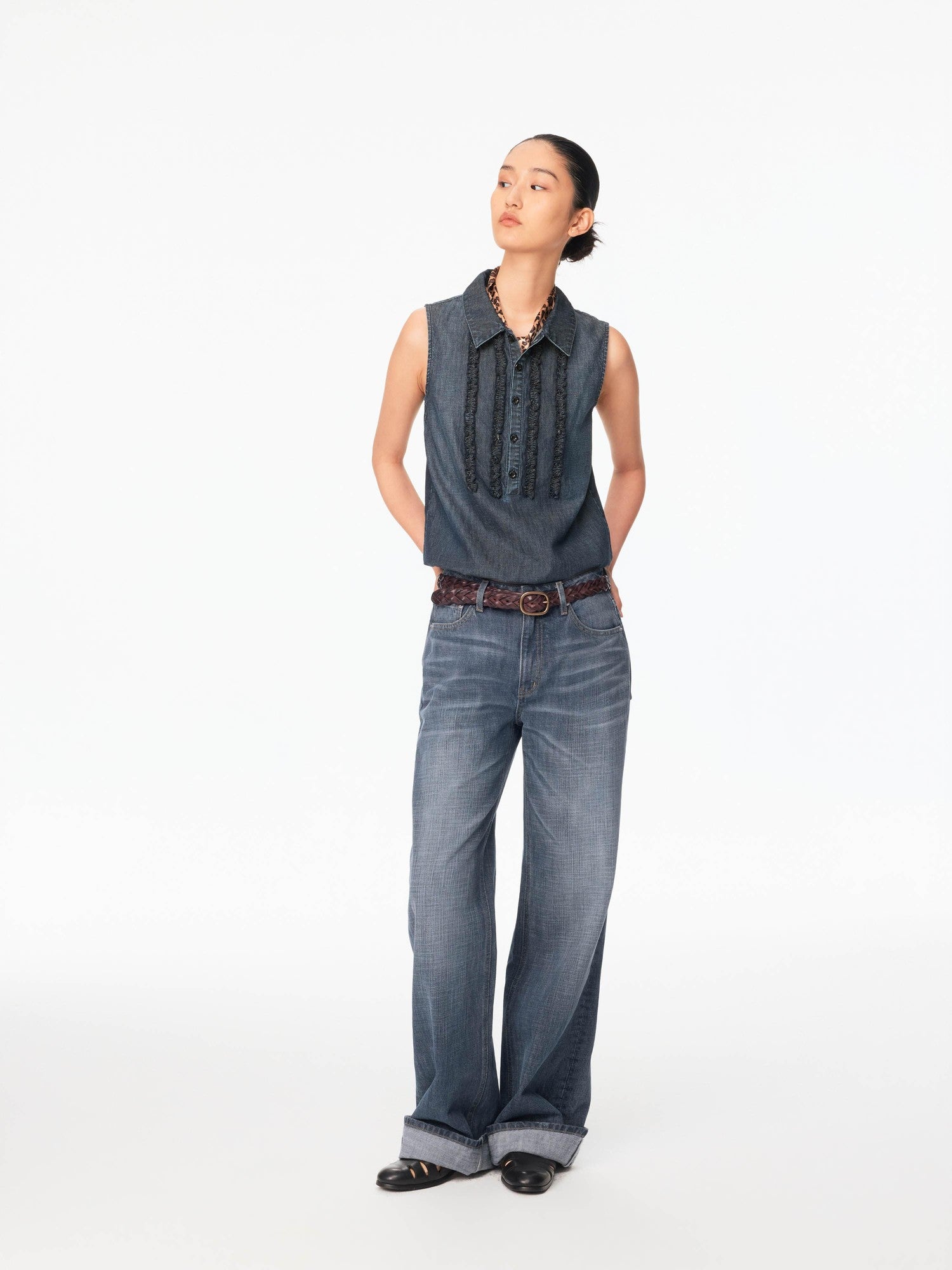 Northbutsouth Washed Denim Lace Collared Loose Women&