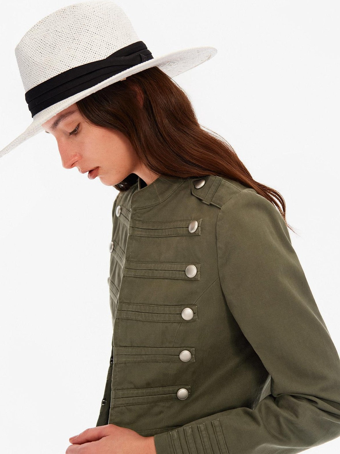 Northbutsouth Washed Distressed Stand Collar Slim Snap Women&