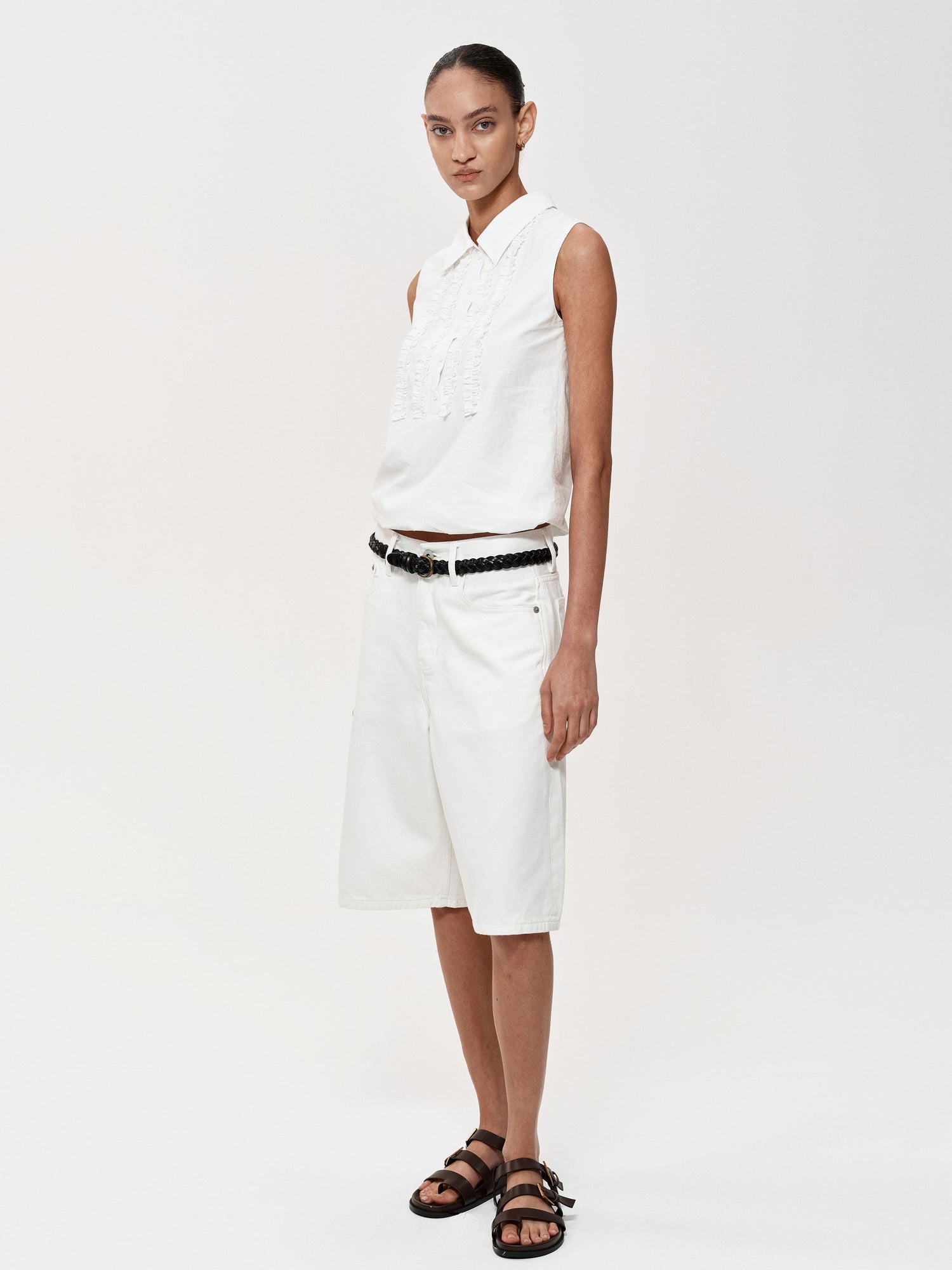 Northbutsouth White Denim Shorts Relaxed Fit Casual Stretch Five Pocket Mid Thigh