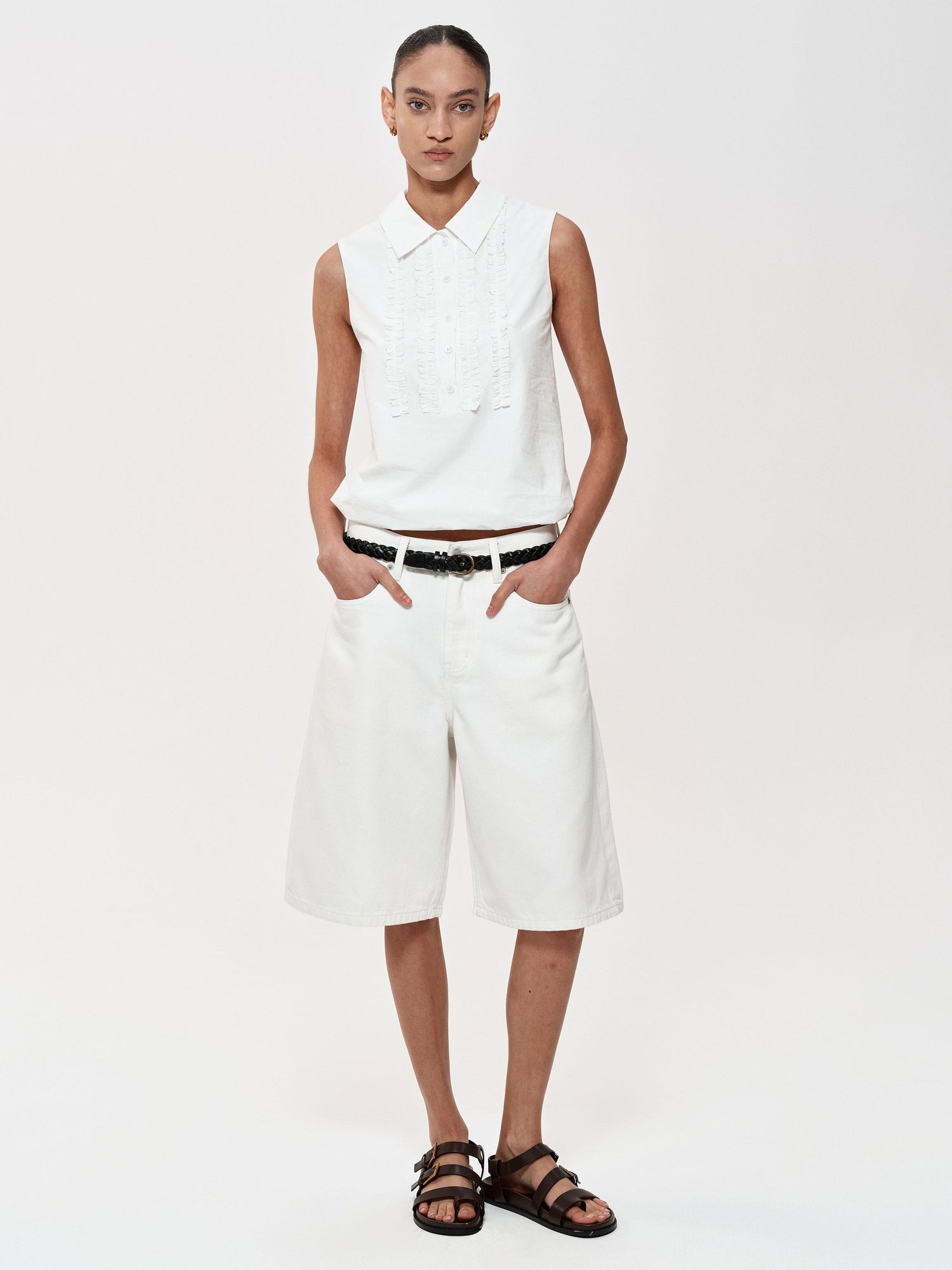 Northbutsouth White Denim Shorts Relaxed Fit Casual Stretch Five Pocket Mid Thigh