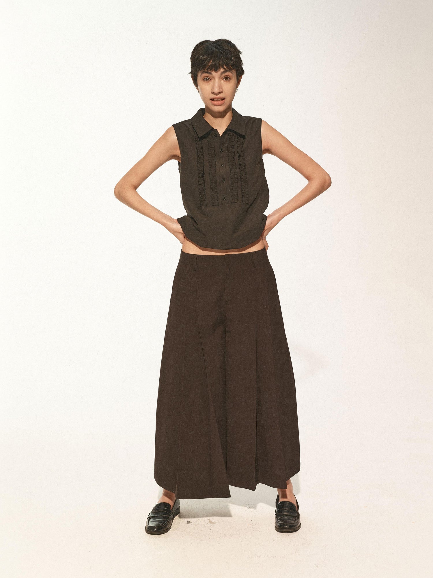 Northbutsouth Wool Blend Pleated Wide Leg Cropped Trouser Shorts