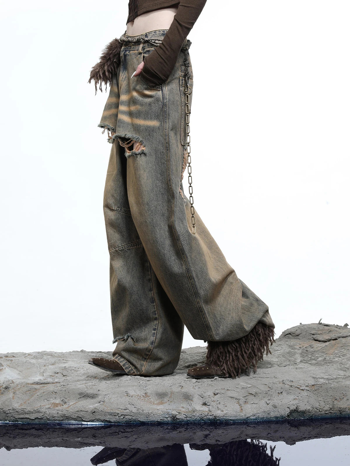 Vintage Wash Distressed Crescent Wide Leg Jeans