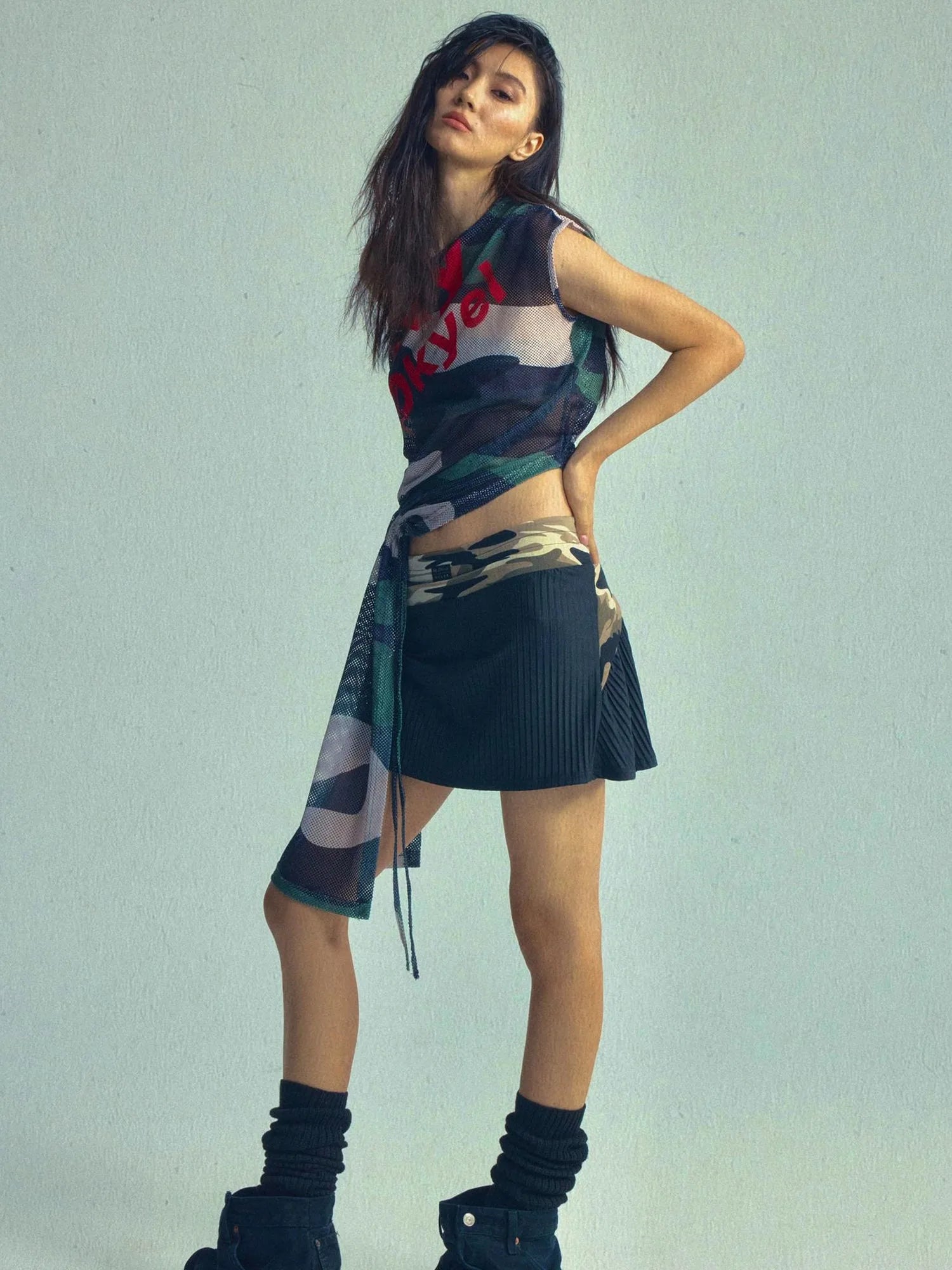 Asymmetric Drawstring Print Camo V-neck T-shirt Long Sleeve