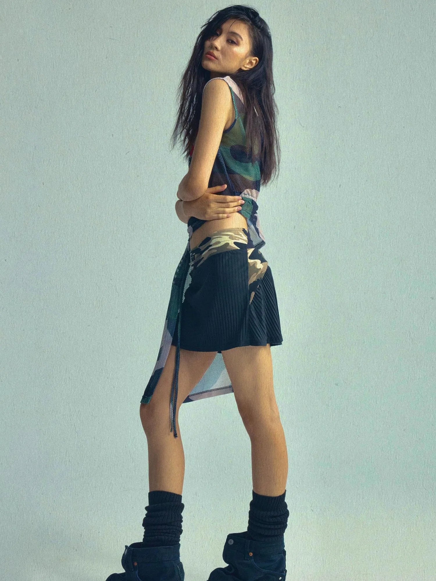 Asymmetric Drawstring Print Camo V-neck T-shirt Long Sleeve