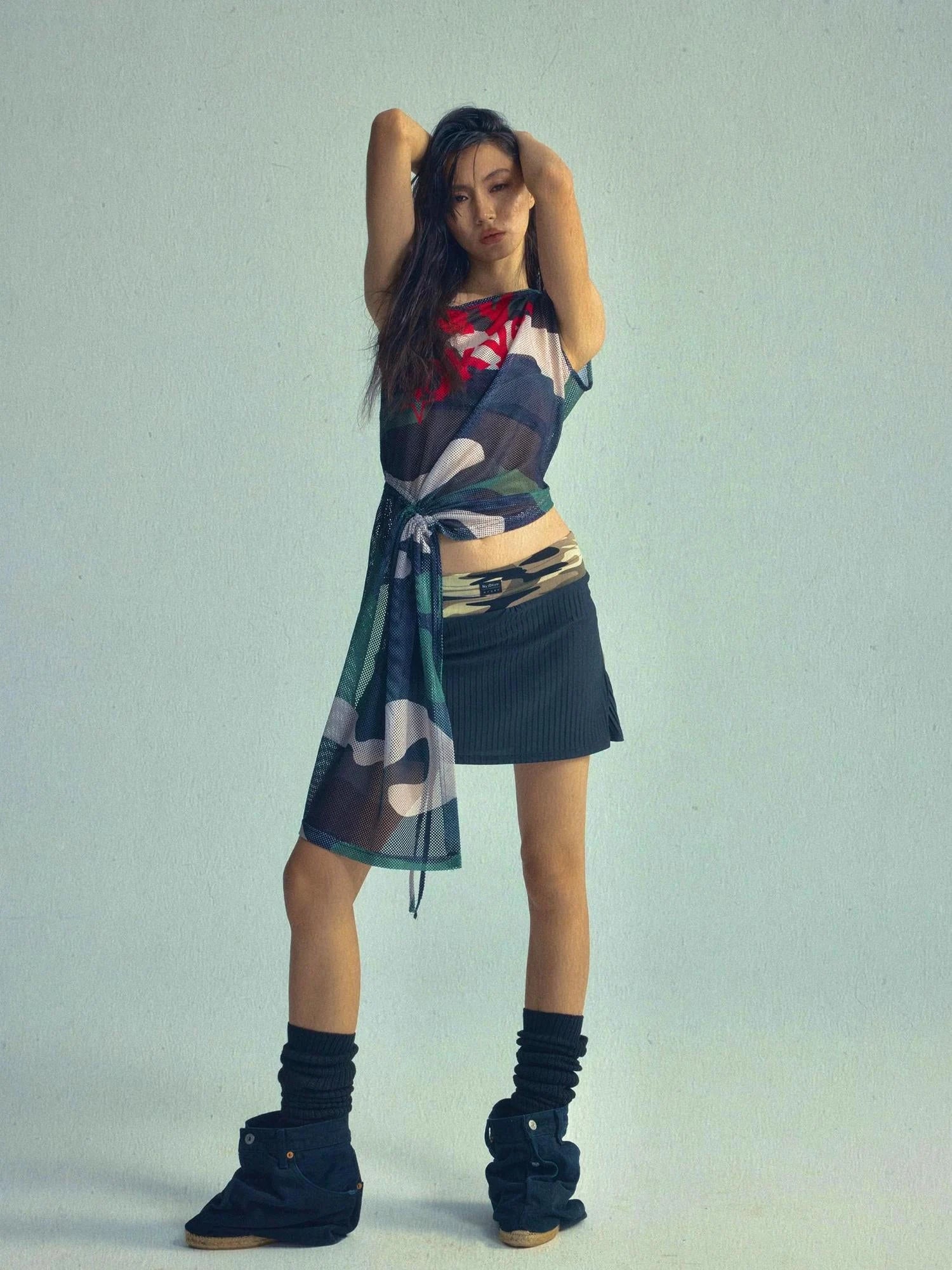 Asymmetric Drawstring Print Camo V-neck T-shirt Long Sleeve