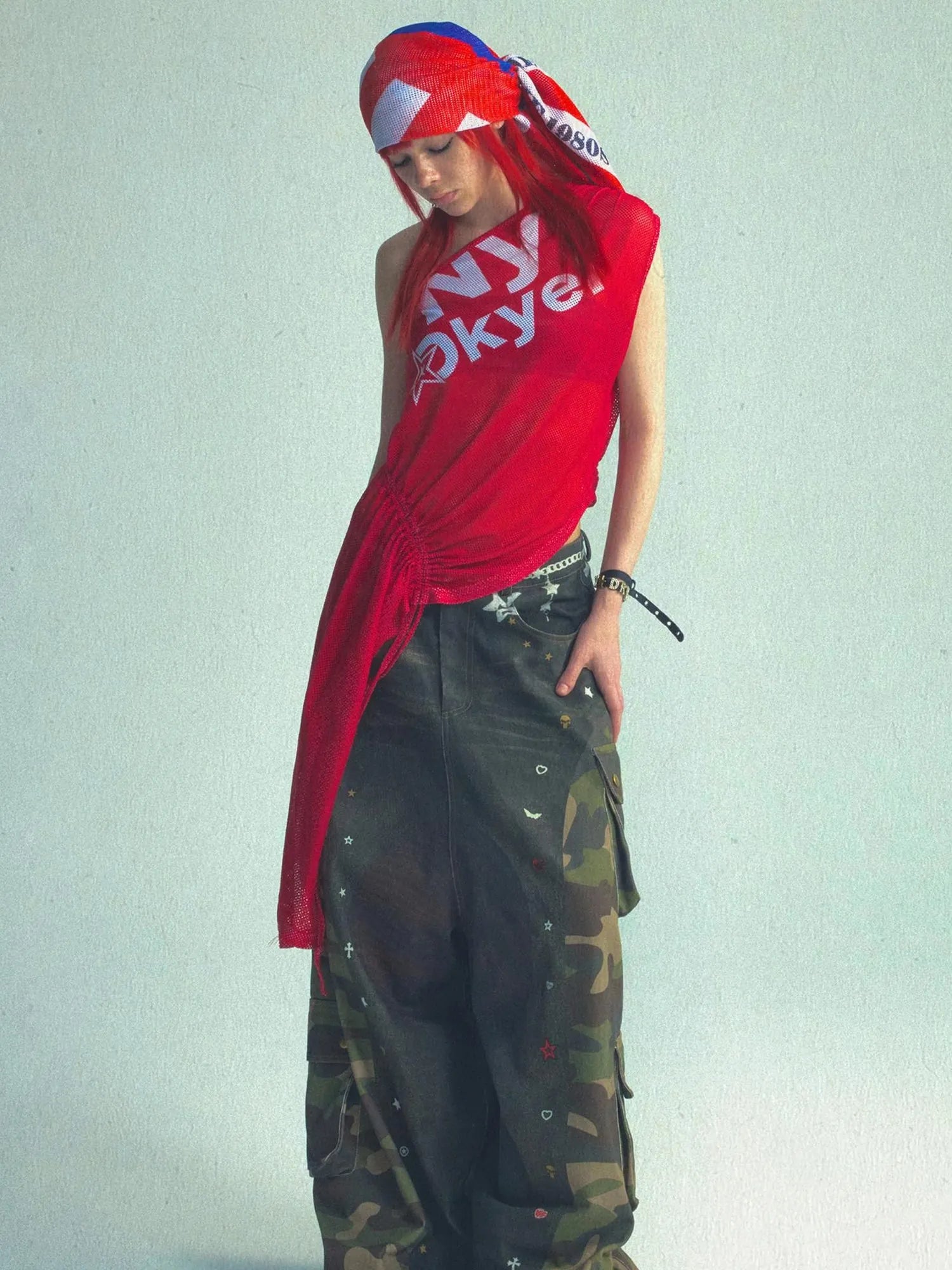 Asymmetric Drawstring Print Camo V-neck T-shirt Long Sleeve