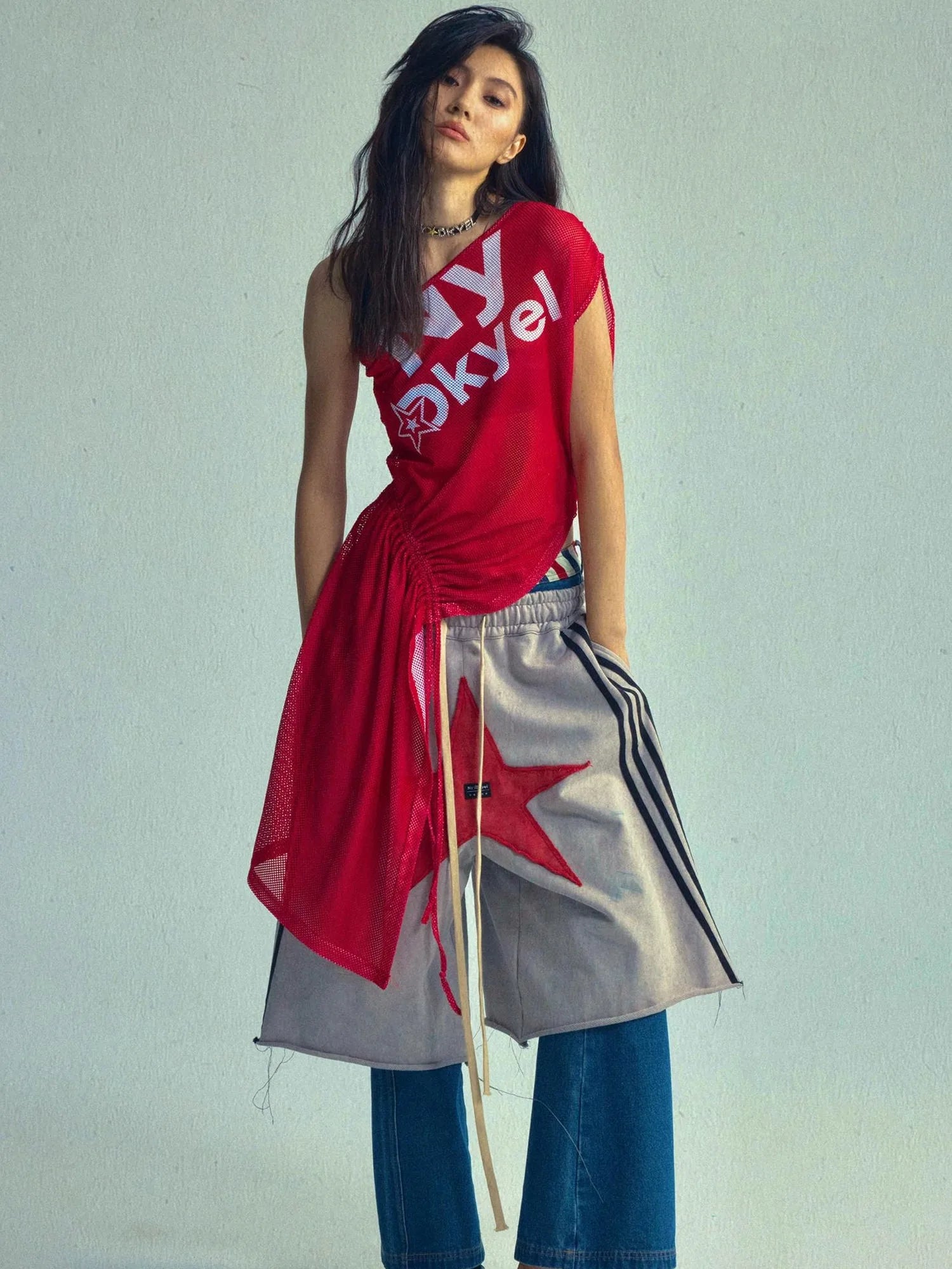 Asymmetric Drawstring Print Camo V-neck T-shirt Long Sleeve