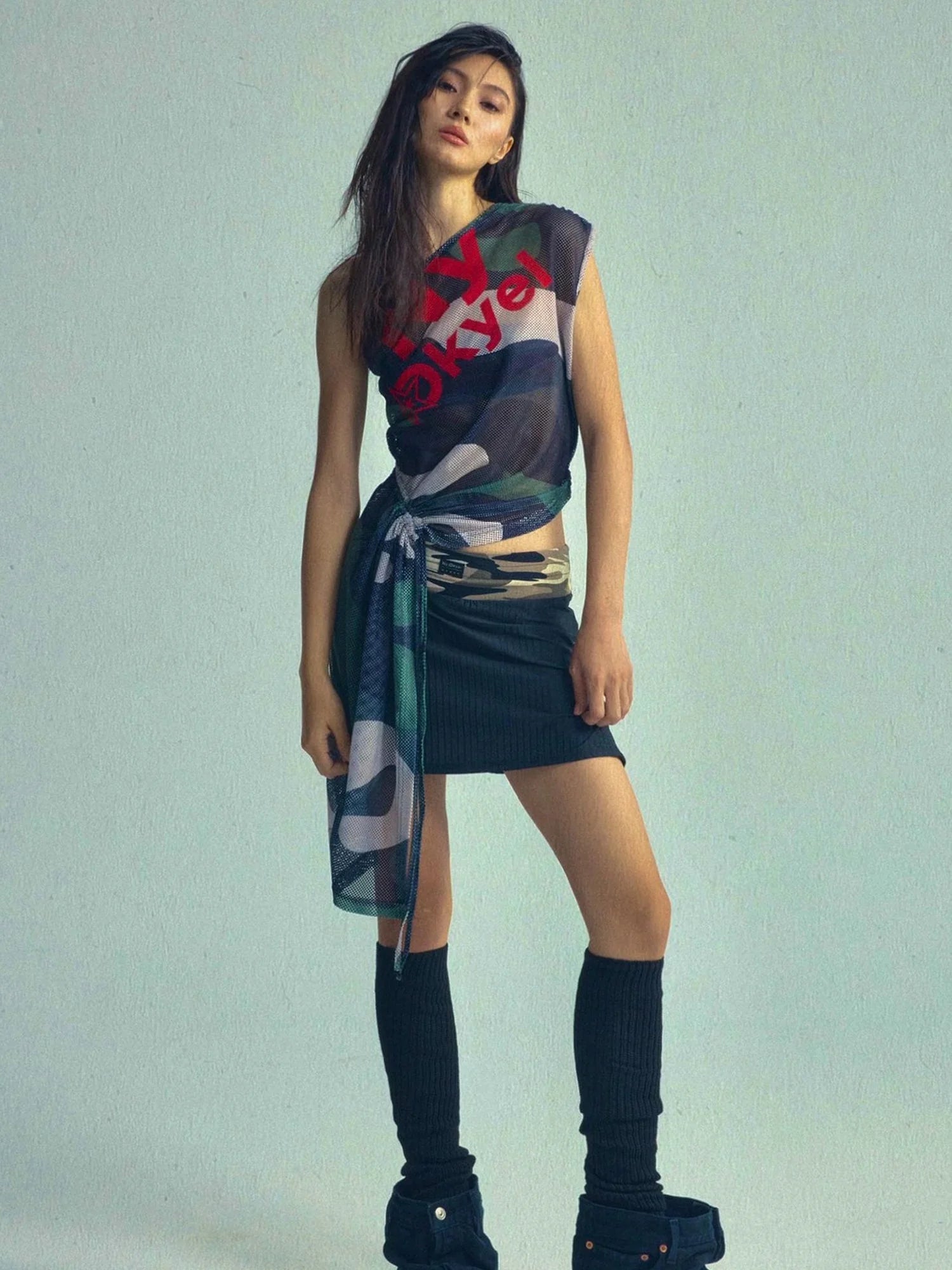 Asymmetric Drawstring Print Camo V-neck T-shirt Long Sleeve