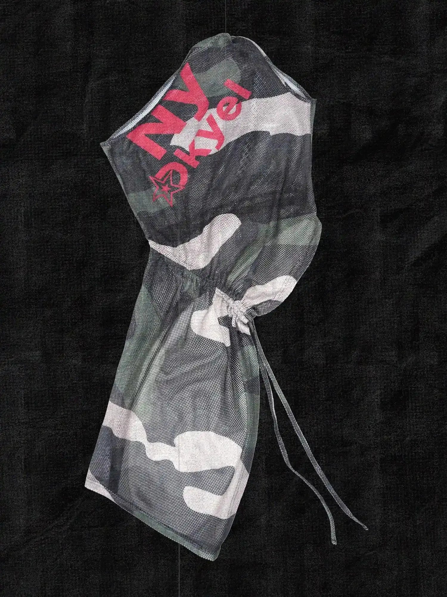 Asymmetric Drawstring Print Camo V-neck T-shirt Long Sleeve