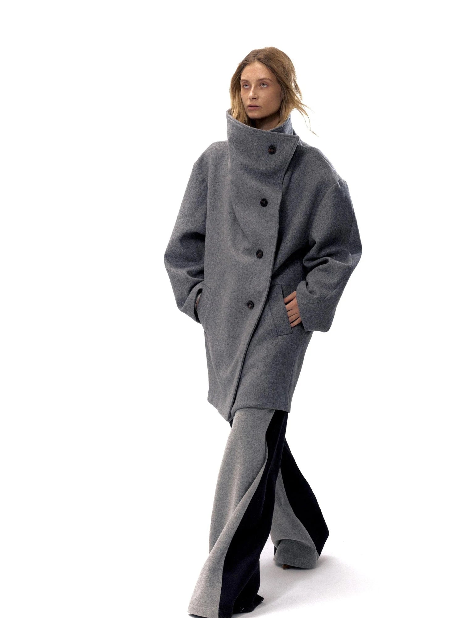 Asymmetric Placket Wool Blend Cape Coat