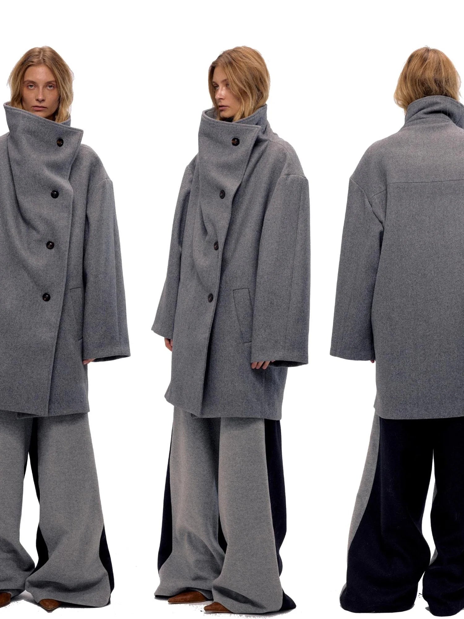 Asymmetric Placket Wool Blend Cape Coat