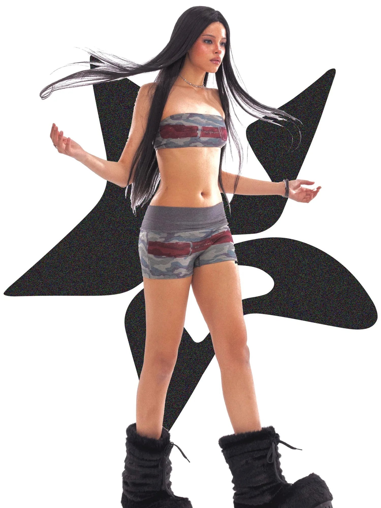 Belt Print Low Waist Shorts Set In Sorona Knit