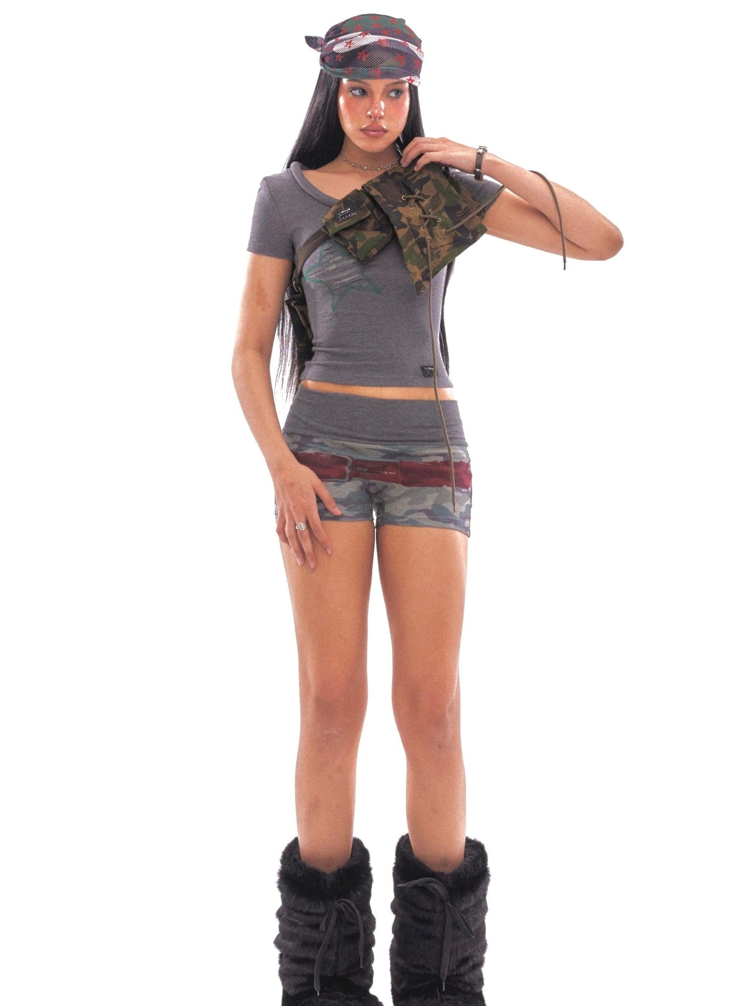 Belt Print Low Waist Shorts Set In Sorona Knit