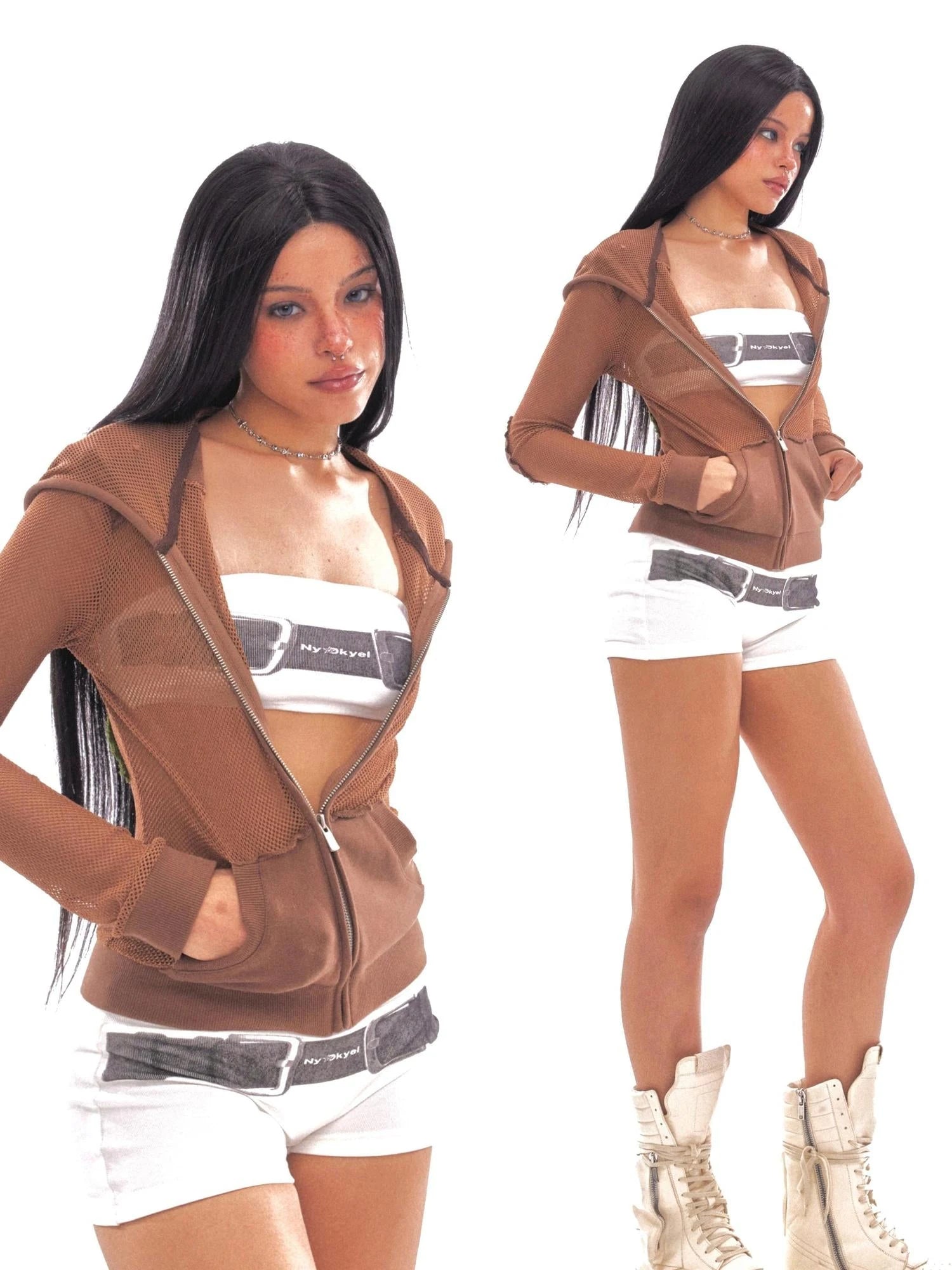 Belt Print Low Waist Shorts Set In Sorona Knit