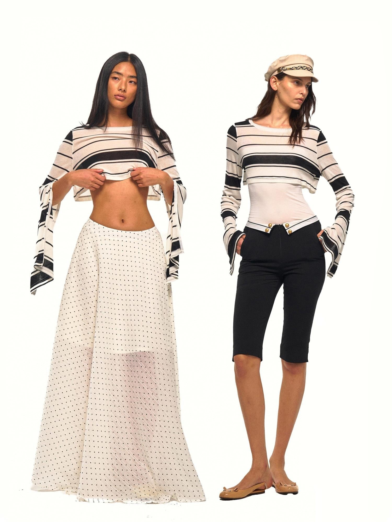 NyDkyel Black White Striped Roundneck Long Sleeve Loose Women&