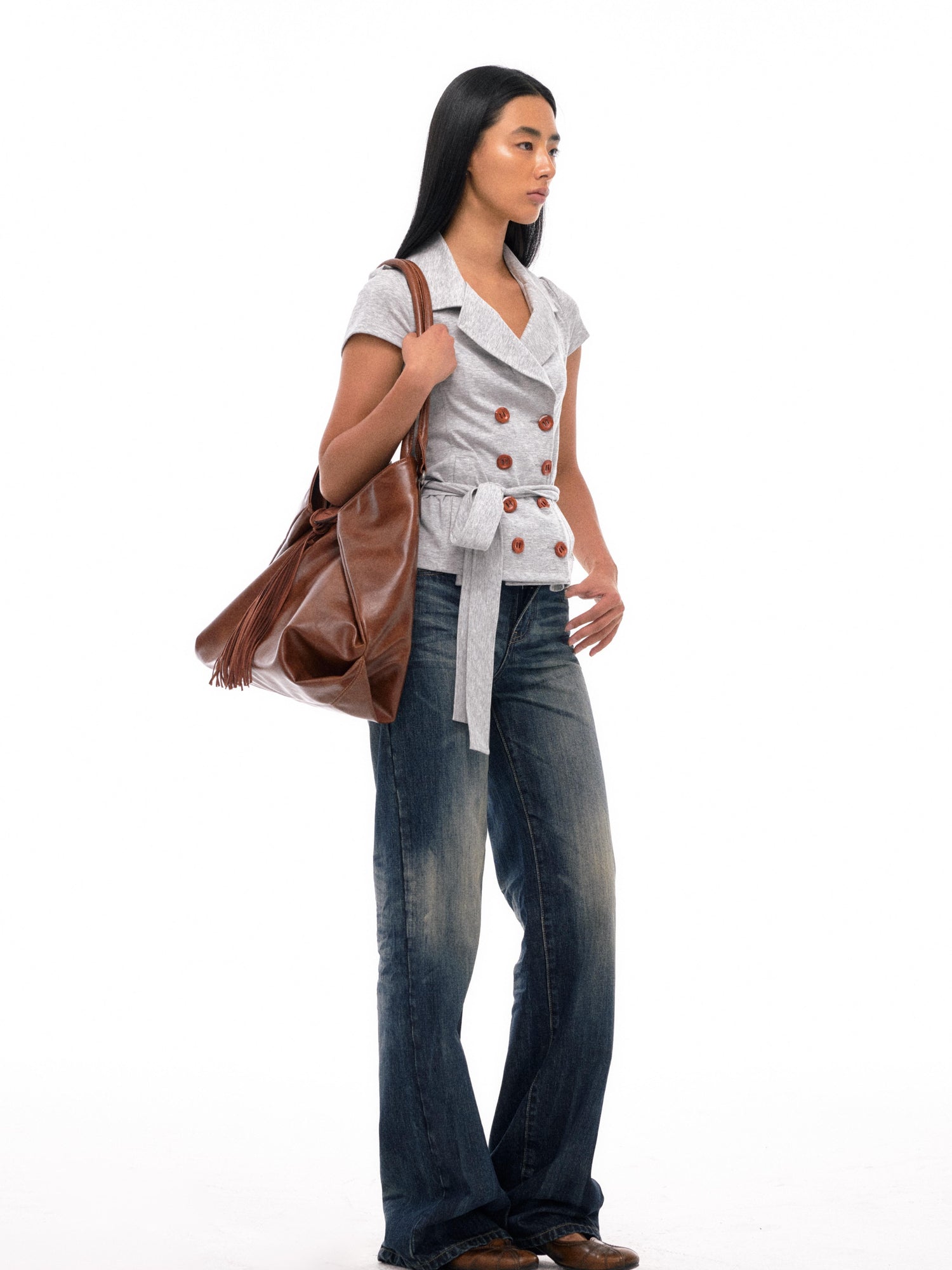 British Style Grey Tweed Knit Short Coat With Wood Buttons