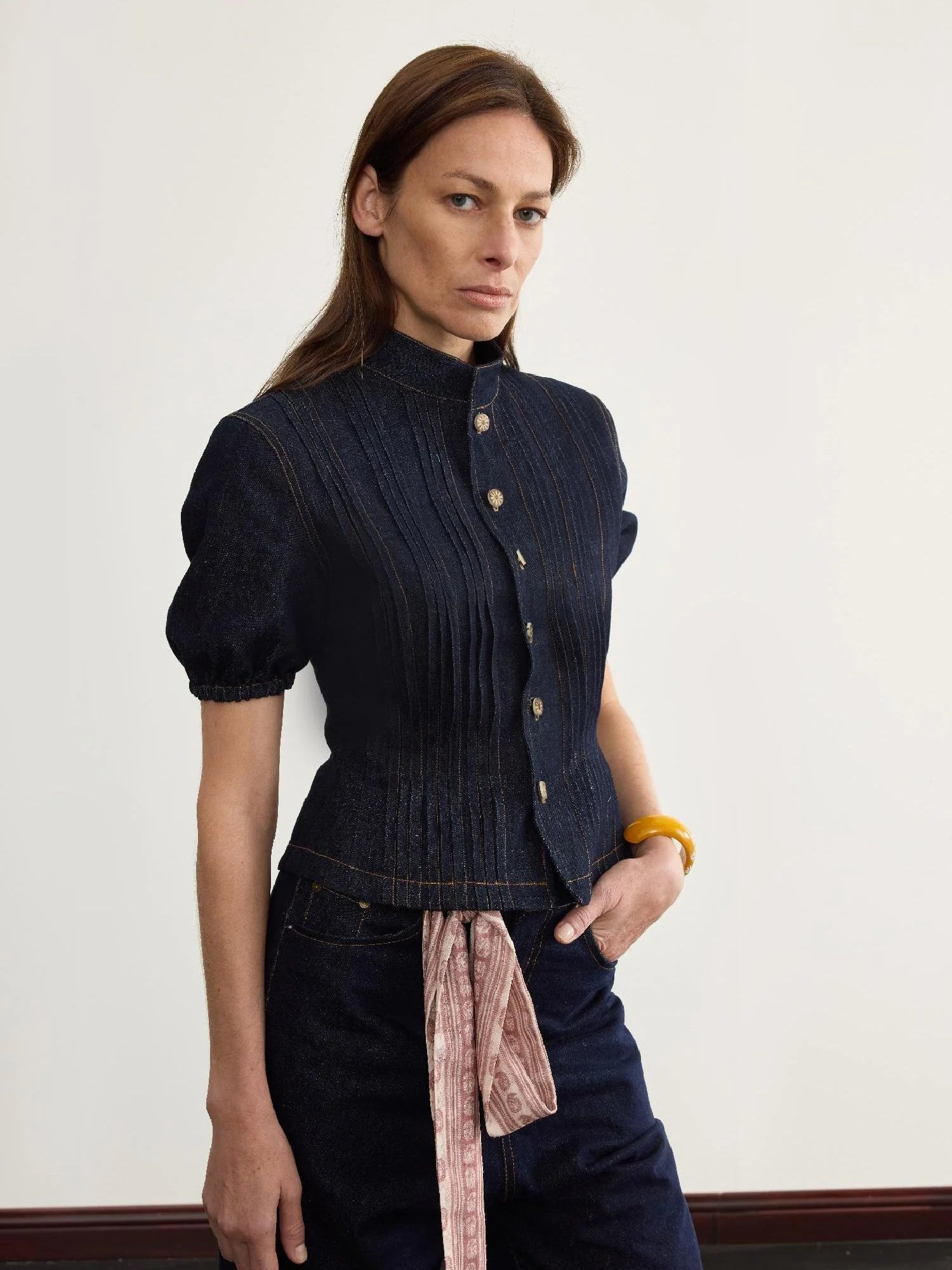 Button Detailed Raw Denim Waistcoat With Pleats